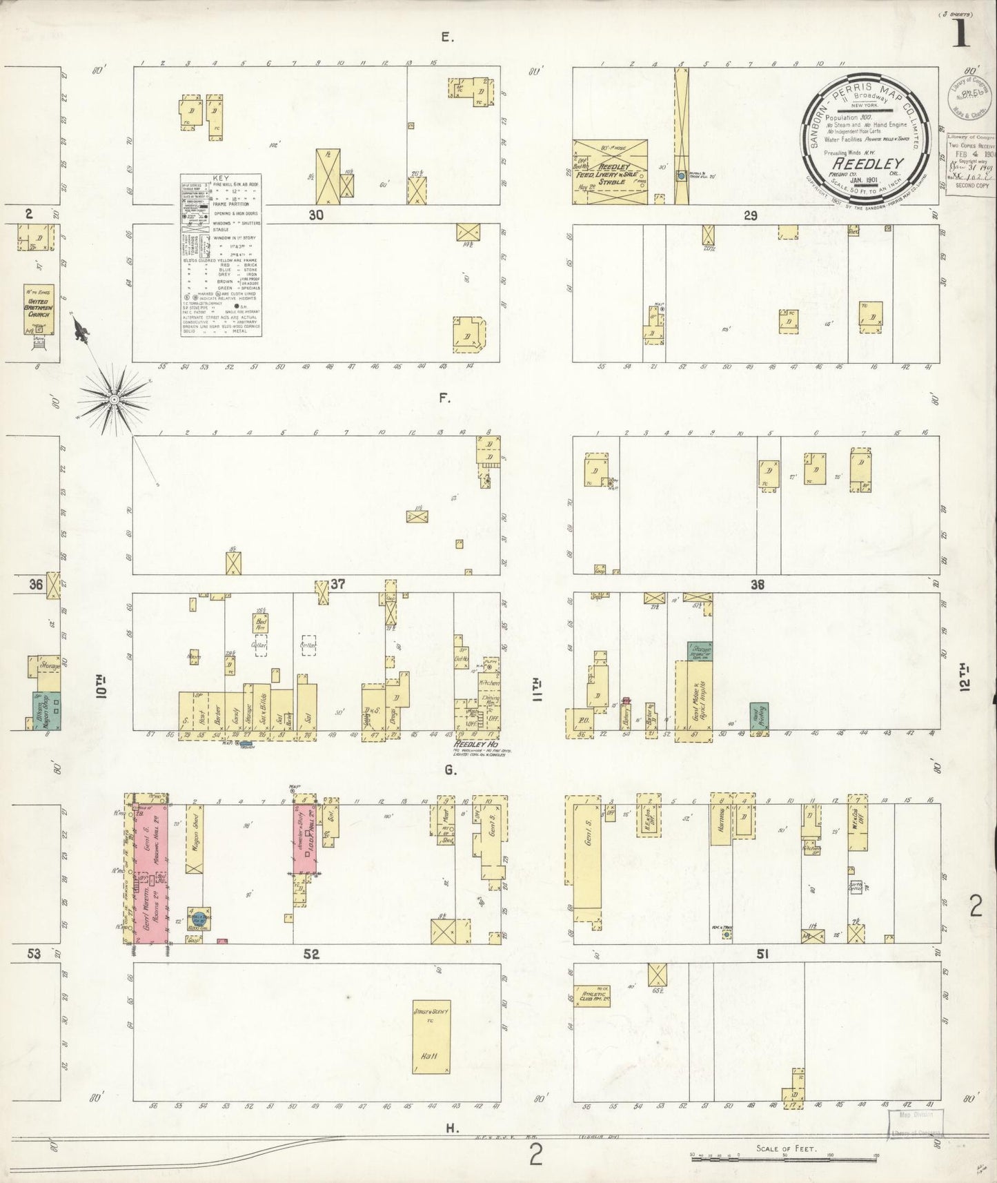 Sanborn Fire Insurance Map from Reedley, Fresno County, California (1901), Sheet #0001 - Complete Map Set gallery image, historic Sanborn map, vintage wall art, California California