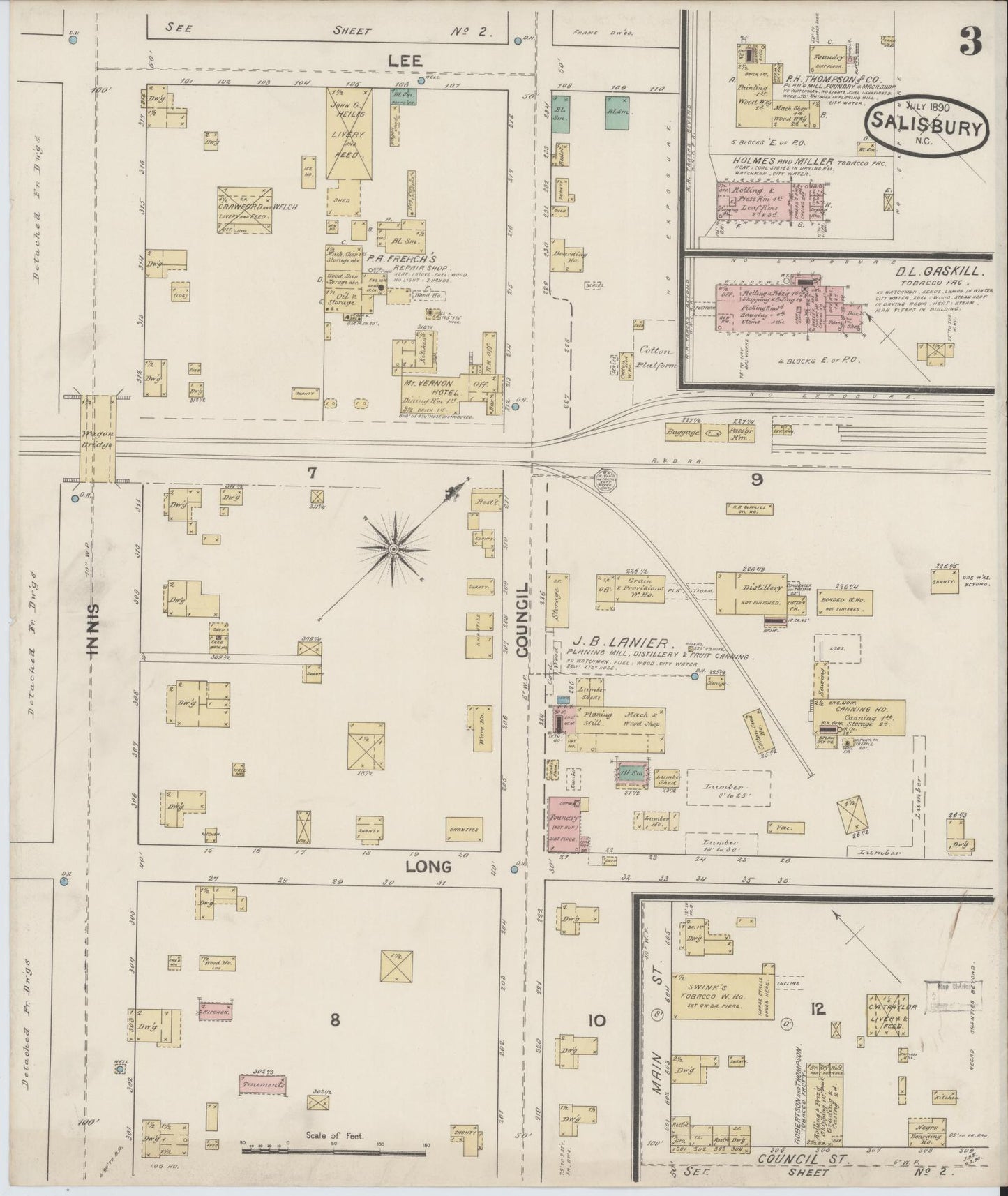 Sanborn Fire Insurance Map from Salisbury, Rowan County, North Carolina (1890), Sheet #0003 - Historic Sanborn Fire Insurance Map Print, vintage old map wall art, antique decor, genealogy gift, North Carolina North Carolina map