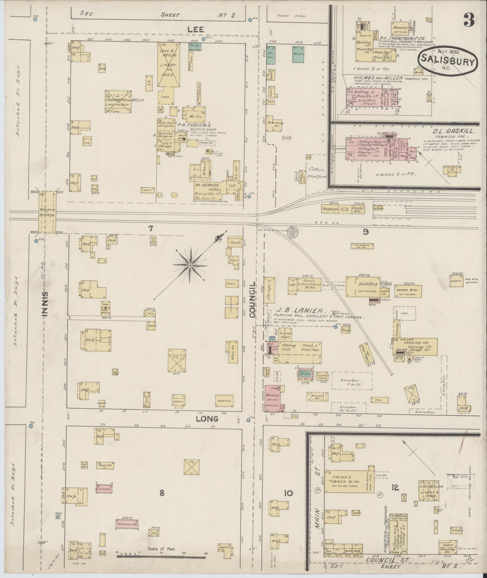 Sanborn Fire Insurance Map from Salisbury, Rowan County, North Carolina (1890), Sheet #0003 - Historic Sanborn Fire Insurance Map Print, vintage old map wall art, antique decor, genealogy gift, North Carolina North Carolina map