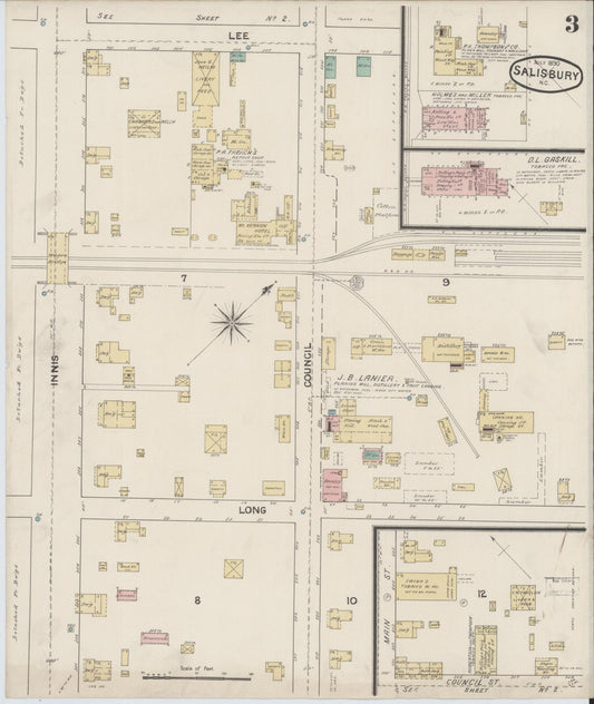 Sanborn Fire Insurance Map from Salisbury, Rowan County, North Carolina (1890), Sheet #0003 - Historic Sanborn Fire Insurance Map Print, vintage old map wall art, antique decor, genealogy gift, North Carolina North Carolina map