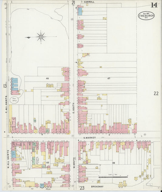 Frederick, Maryland - 1897 - Sanborn Fire Insurance Map, Sheet #0014 - Historic Sanborn Fire Insurance Map Print, Frederick Maryland 1897 0014 vintage old map wall art