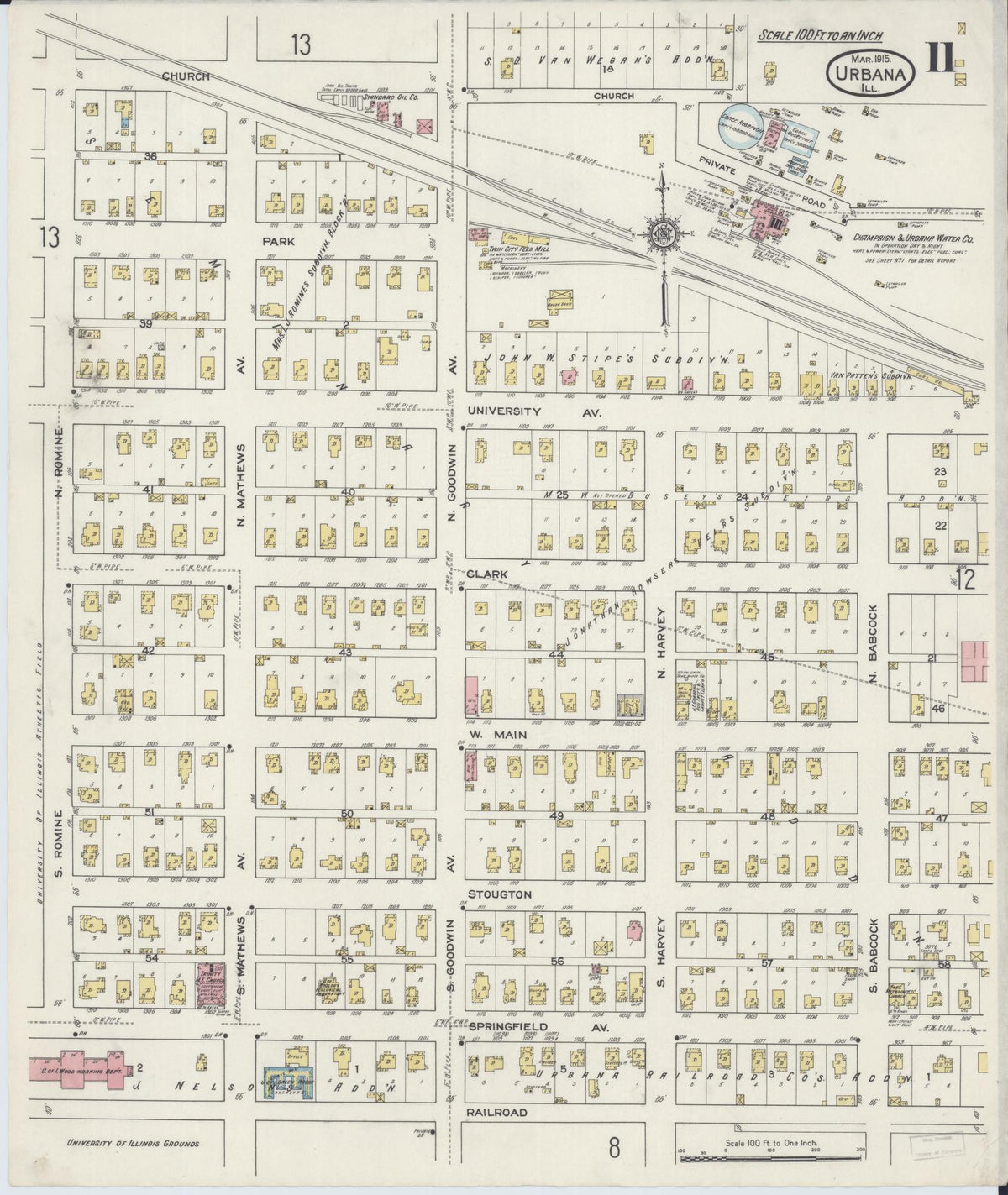 Sanborn Fire Insurance Map from Urbana, Champaign County, Illinois (1915), Sheet #0011 - Historic Sanborn Fire Insurance Map Print, vintage old map wall art, antique decor, genealogy gift, Illinois Illinois map