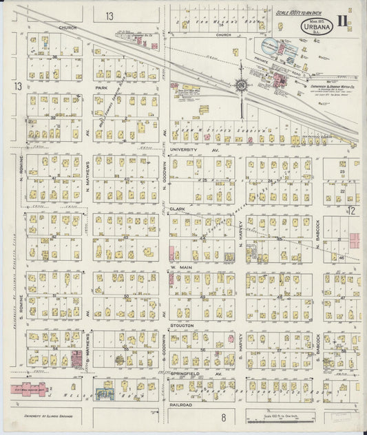 Sanborn Fire Insurance Map from Urbana, Champaign County, Illinois (1915), Sheet #0011 - Historic Sanborn Fire Insurance Map Print, vintage old map wall art, antique decor, genealogy gift, Illinois Illinois map