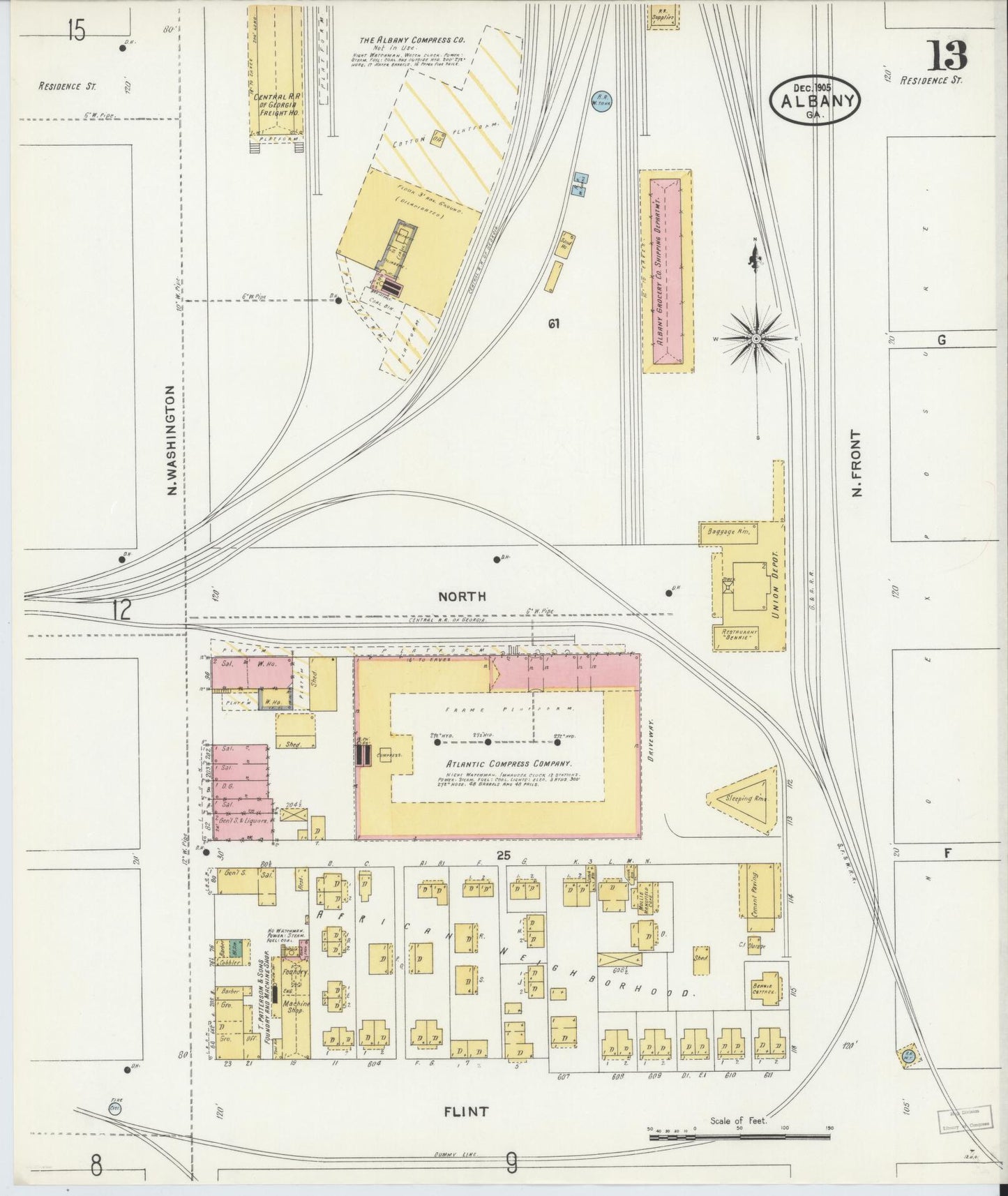 Sanborn Fire Insurance Map from Albany, Dougherty County, Georgia (1905), Sheet #0013 - Historic Sanborn Fire Insurance Map Print, vintage old map wall art, antique decor, genealogy gift, Georgia Georgia map