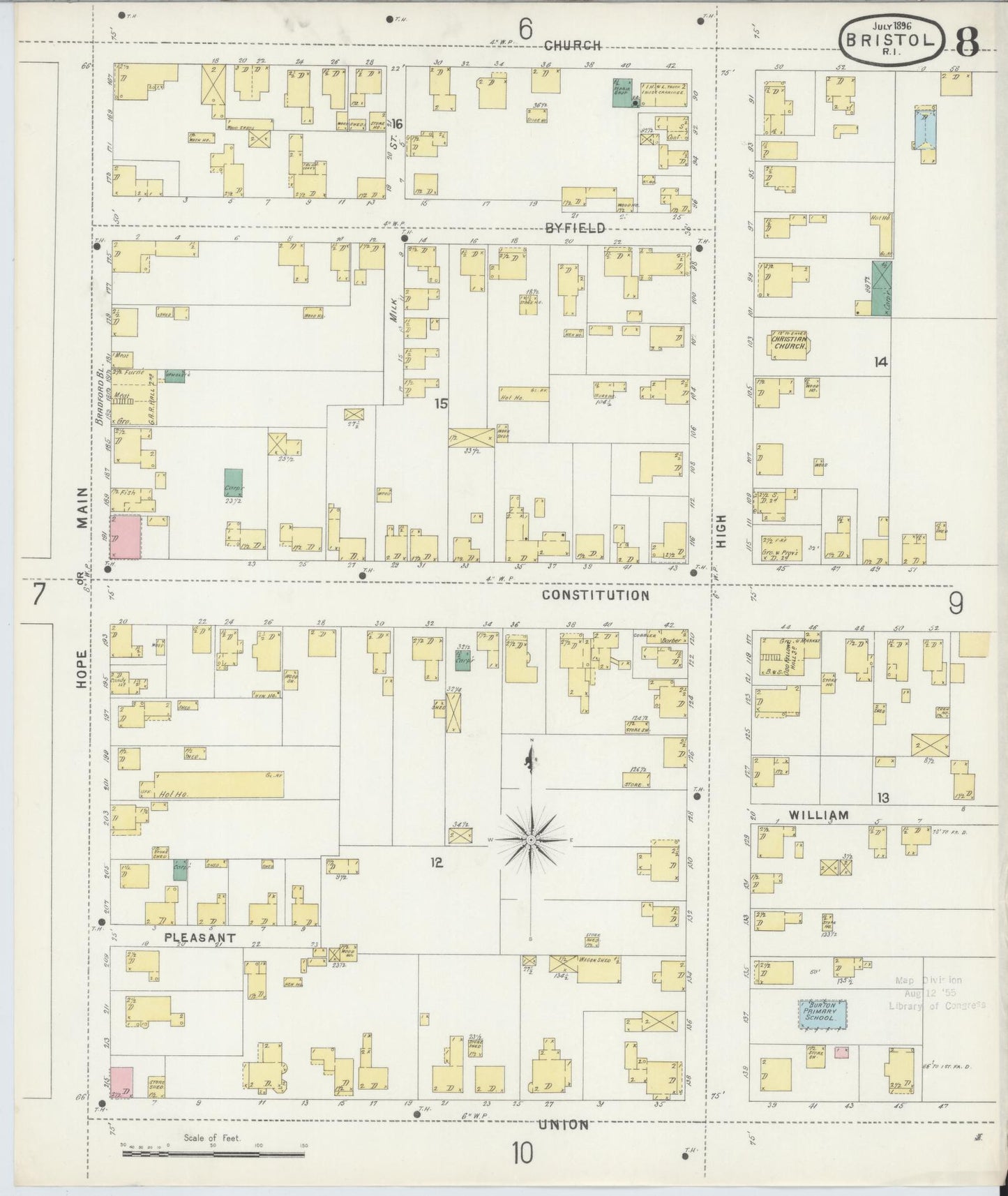 Sanborn Fire Insurance Map from Bristol, Bristol County, Rhode Island (1896), Sheet #0008 - Historic Sanborn Fire Insurance Map Print, vintage old map wall art, antique decor, genealogy gift, Rhode Island Rhode Island map
