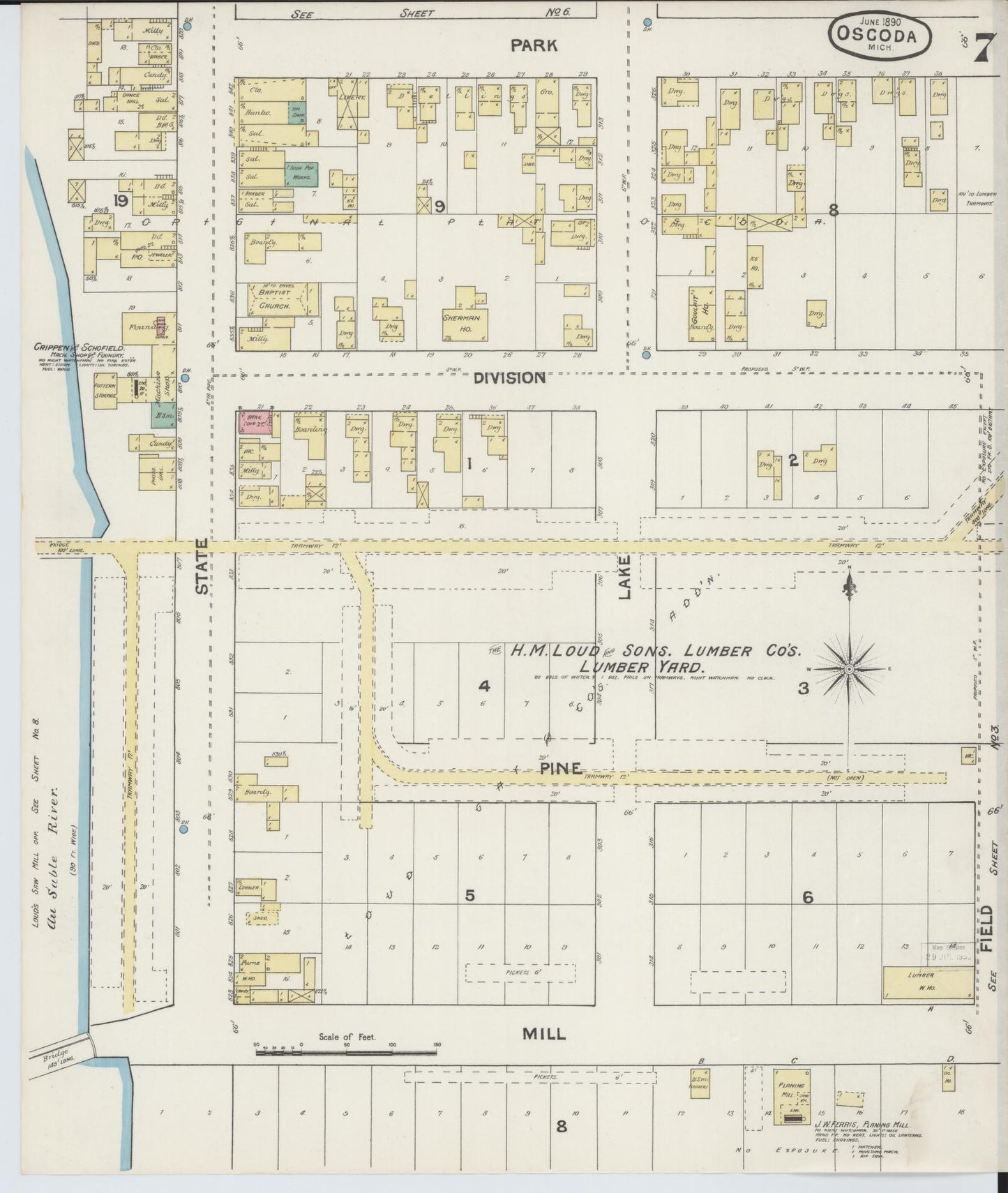 Sanborn Fire Insurance Map from Oscoda, Iosco County, Michigan (1890), Sheet #0007 - Historic Sanborn Fire Insurance Map Print, vintage old map wall art, antique decor, genealogy gift, Michigan Michigan map