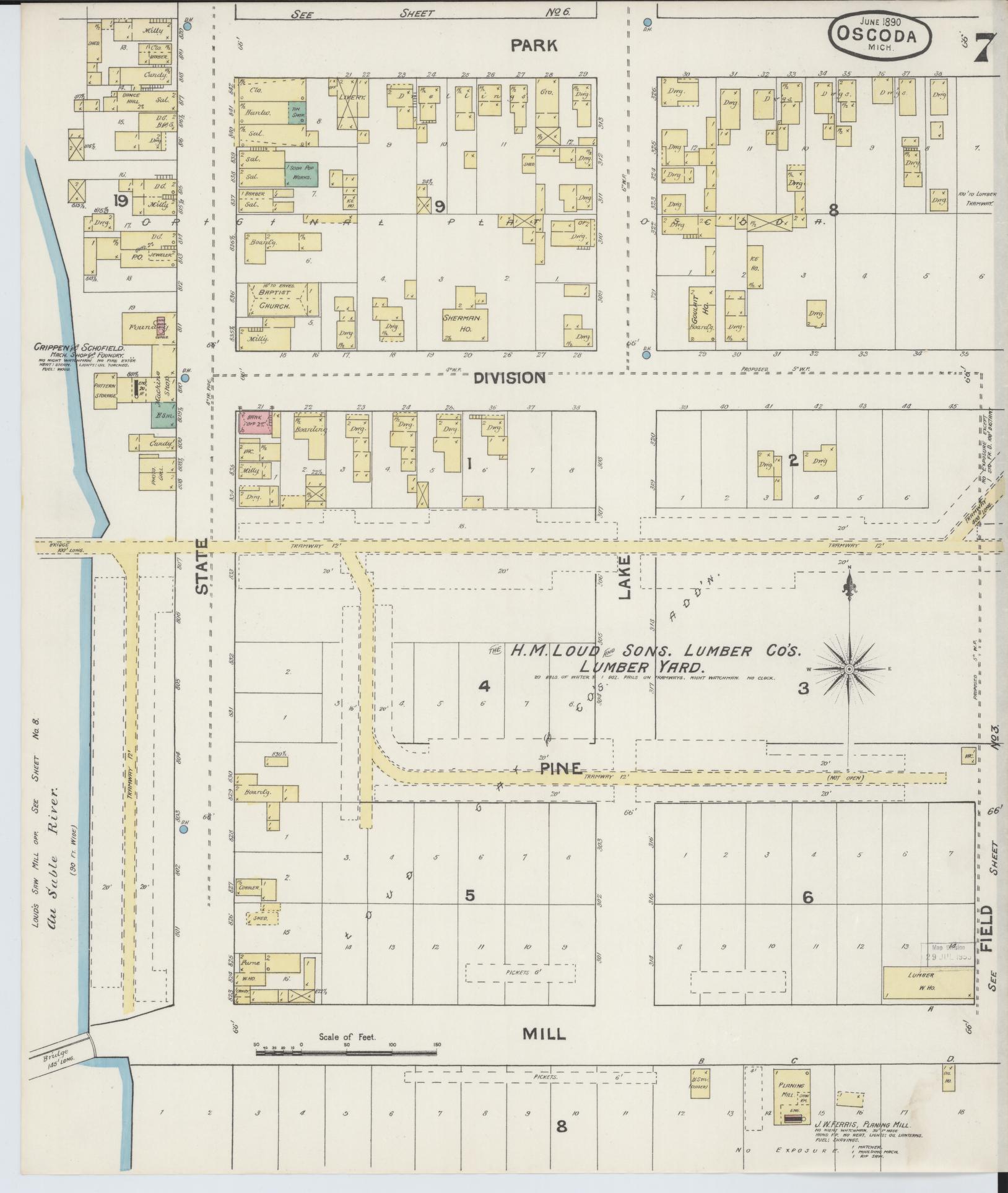 Sanborn Fire Insurance Map from Oscoda, Iosco County, Michigan (1890), Sheet #0007 - Historic Sanborn Fire Insurance Map Print, vintage old map wall art, antique decor, genealogy gift, Michigan Michigan map
