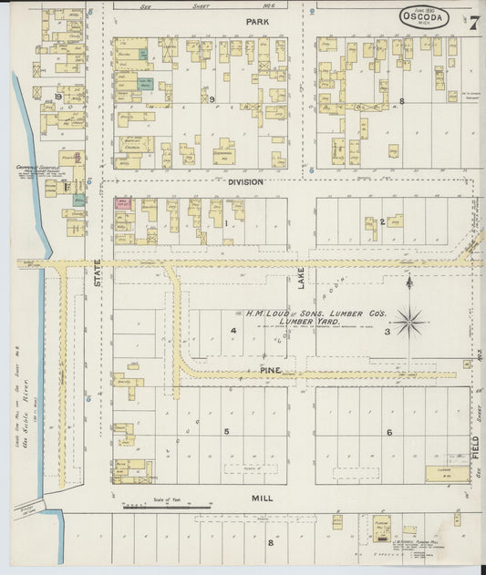Sanborn Fire Insurance Map from Oscoda, Iosco County, Michigan (1890), Sheet #0007 - Historic Sanborn Fire Insurance Map Print, vintage old map wall art, antique decor, genealogy gift, Michigan Michigan map