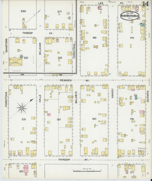 Sanborn Fire Insurance Map from New Brunswick, Middlesex County, New Jersey (1892), Sheet #0014 - Historic Sanborn Fire Insurance Map Print, vintage old map wall art, antique decor, genealogy gift, New Jersey New Jersey map