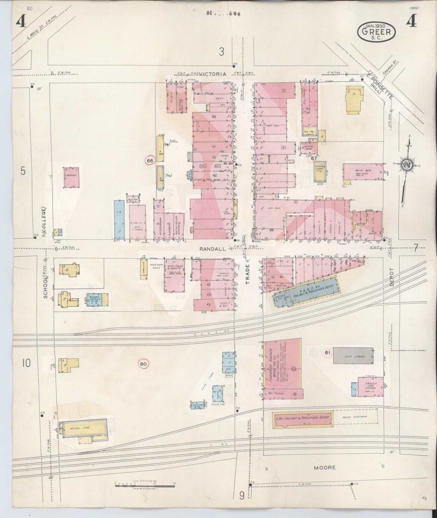 Sanborn Fire Insurance Map from Greer, Greenville and Spartanburg Counties, South Carolina (1951), Sheet #0004 - Complete Map Set gallery image, historic Sanborn map, vintage wall art, South Carolina South Carolina