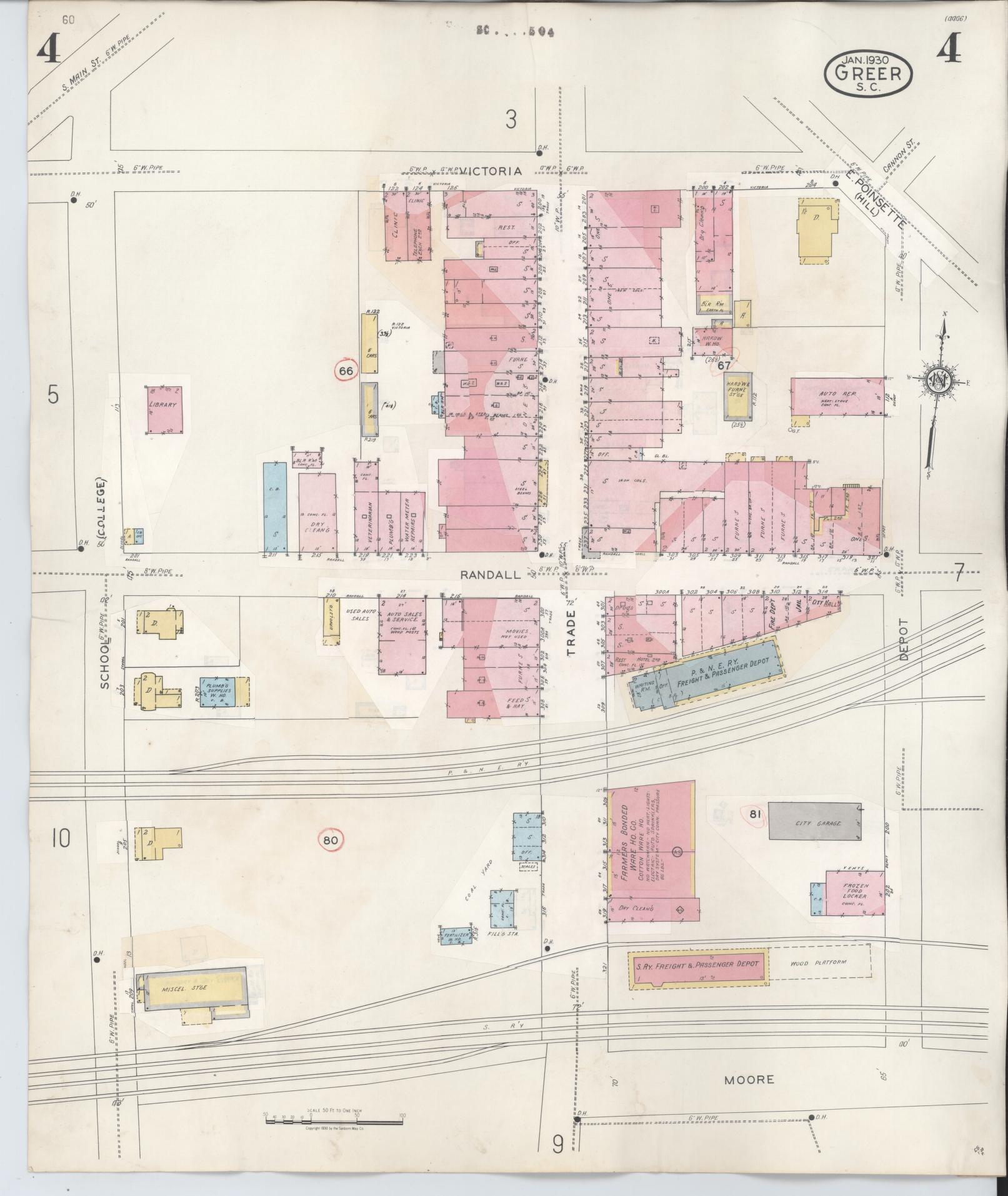 Sanborn Fire Insurance Map from Greer, Greenville and Spartanburg Counties, South Carolina (1951), Sheet #0004 - Complete Map Set gallery image, historic Sanborn map, vintage wall art, South Carolina South Carolina