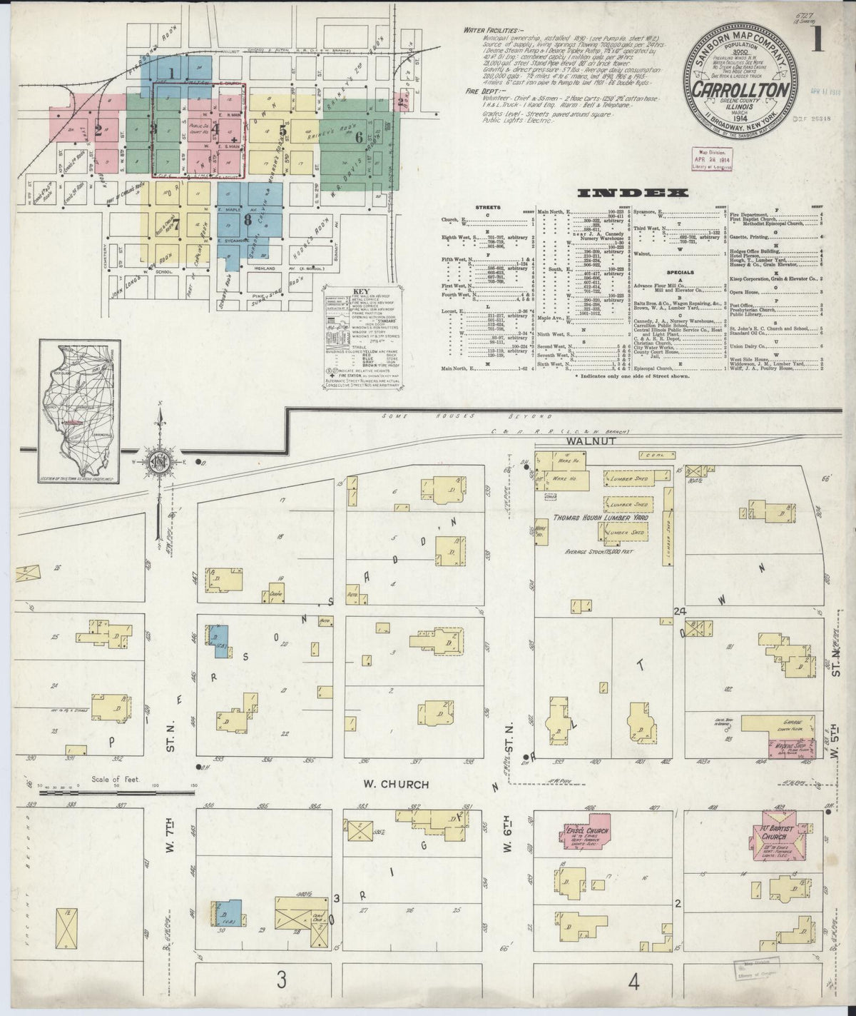 Sanborn Fire Insurance Map from Carrollton, Greene County, Illinois (1914), Sheet #0001 - Complete Map Set gallery image, historic Sanborn map, vintage wall art, Illinois Illinois