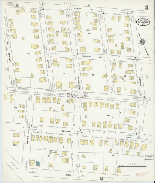 Sanborn Fire Insurance Map from Nyack, Rockland County, New York (1910), Sheet #0008 - Historic Sanborn Fire Insurance Map Print, vintage old map wall art, antique decor, genealogy gift, New York New York map