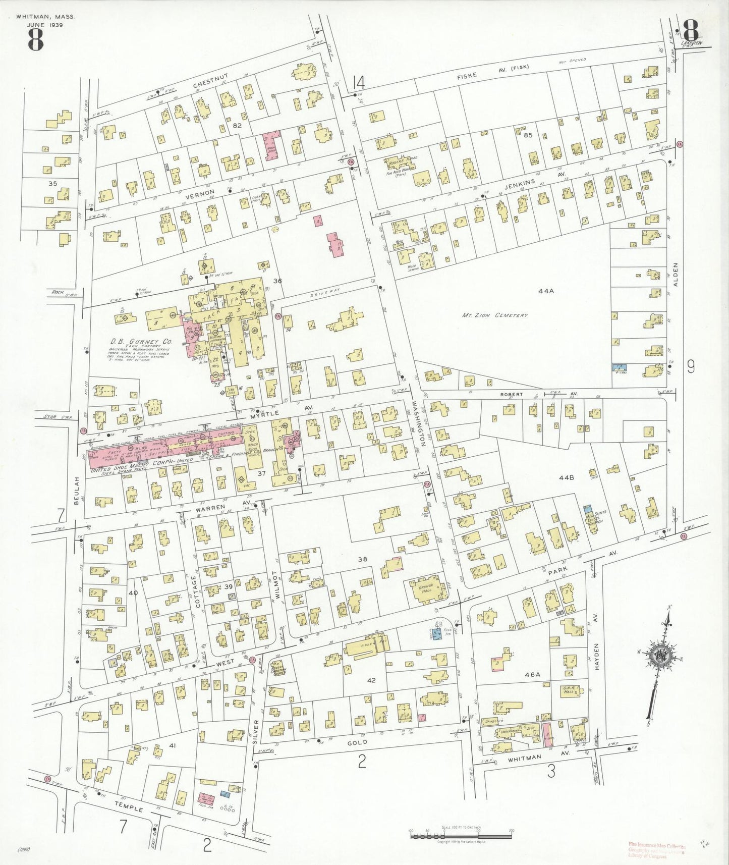 Sanborn Fire Insurance Map from Whitman, Plymouth County, Massachusetts (1939), Sheet #0008 - Historic Sanborn Fire Insurance Map Print, vintage old map wall art, antique decor, genealogy gift, Massachusetts Massachusetts map