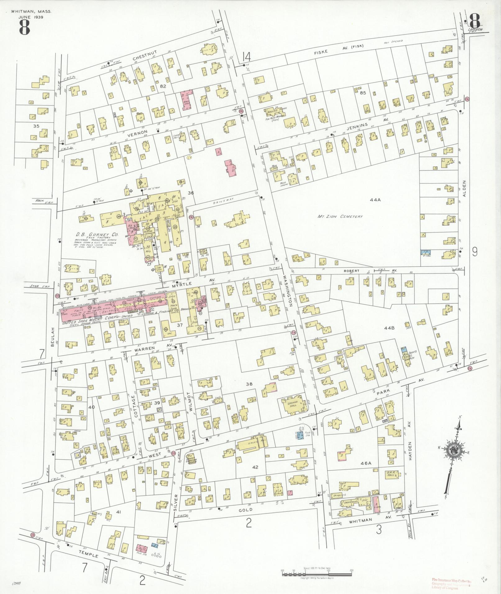 Sanborn Fire Insurance Map from Whitman, Plymouth County, Massachusetts (1939), Sheet #0008 - Historic Sanborn Fire Insurance Map Print, vintage old map wall art, antique decor, genealogy gift, Massachusetts Massachusetts map