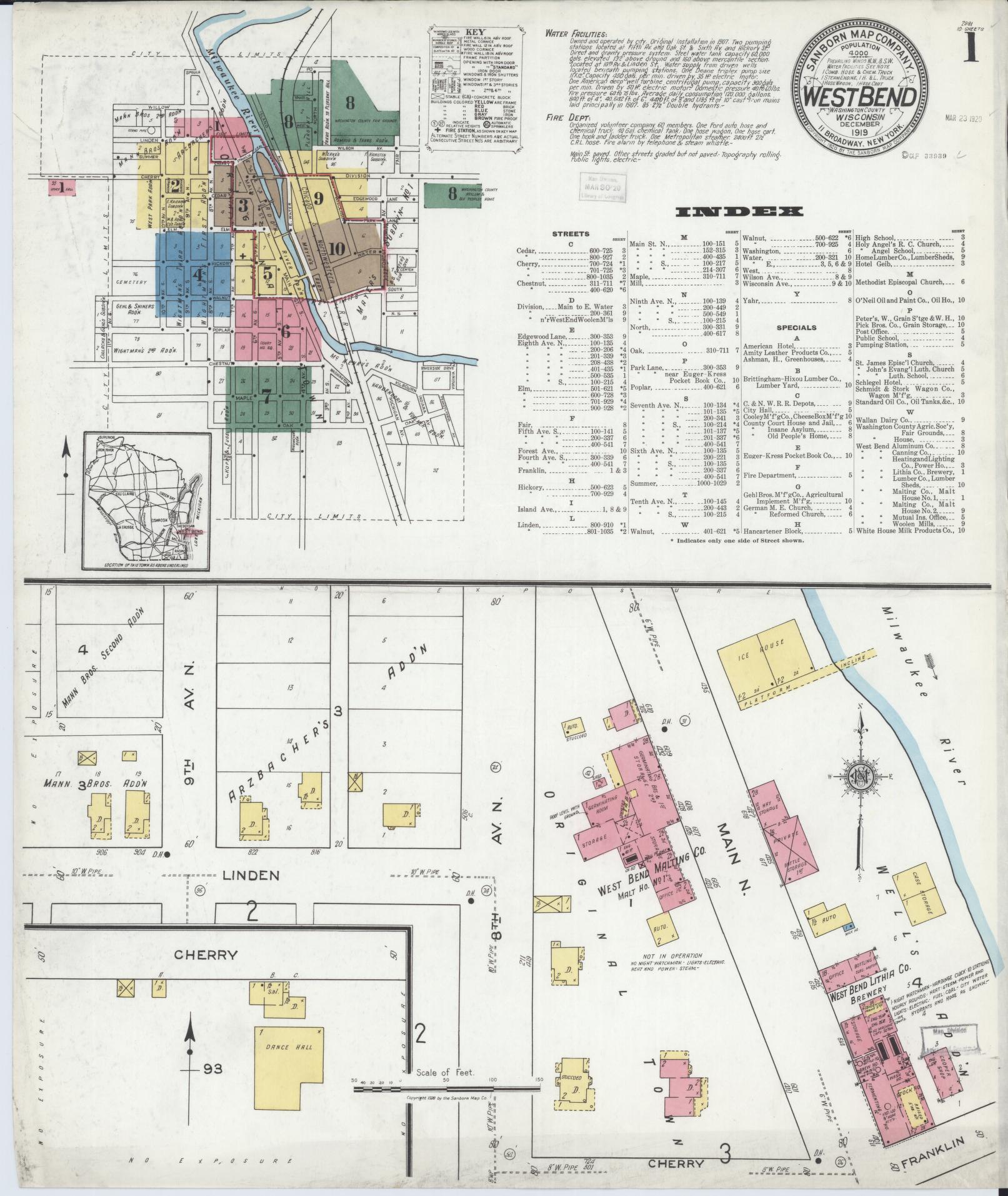 Sanborn Fire Insurance Map from West Bend, Washington County, Wisconsin (1919), Sheet #0001 - Complete Map Set gallery image, historic Sanborn map, vintage wall art, Wisconsin Wisconsin