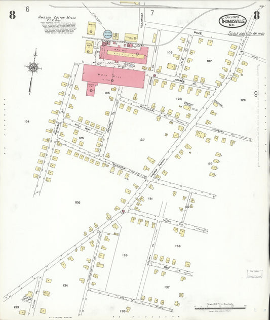 Sanborn Fire Insurance Map from Thomasville, Davidson County, North Carolina (1923), Sheet #0008 - Historic Sanborn Fire Insurance Map Print, vintage old map wall art, antique decor, genealogy gift, North Carolina North Carolina map
