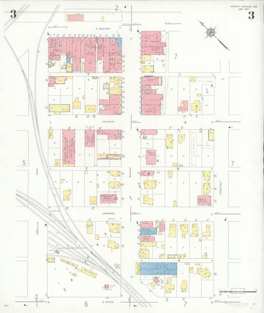 Sanborn Fire Insurance Map from North Vernon, Jennings County, Indiana (1937), Sheet #0003 - Historic Sanborn Fire Insurance Map Print, vintage old map wall art, antique decor, genealogy gift, Indiana Indiana map