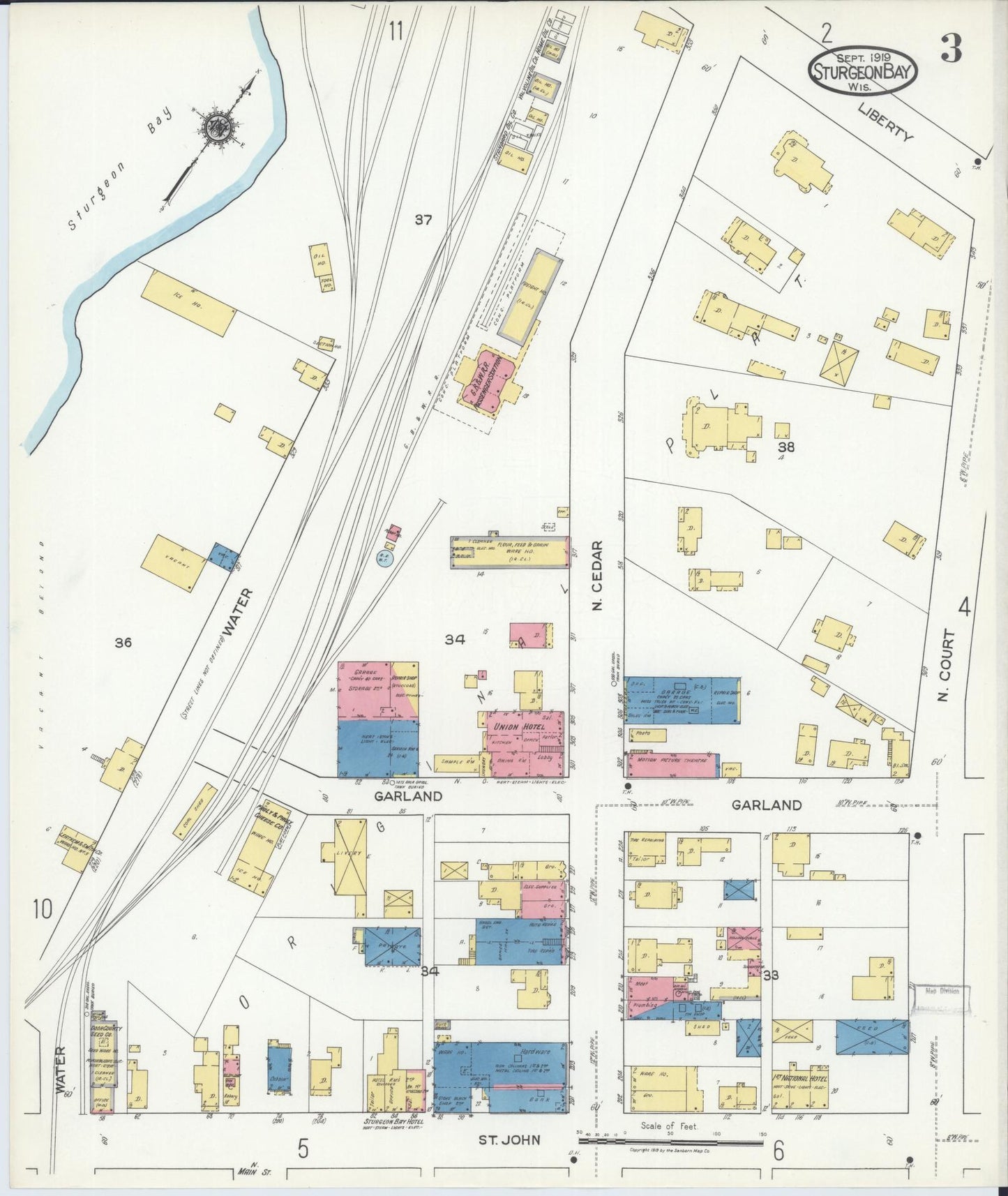 Sanborn Fire Insurance Map from Sturgeon Bay, Door County, Wisconsin (1919), Sheet #0003 - Historic Sanborn Fire Insurance Map Print, vintage old map wall art, antique decor, genealogy gift, Wisconsin Wisconsin map
