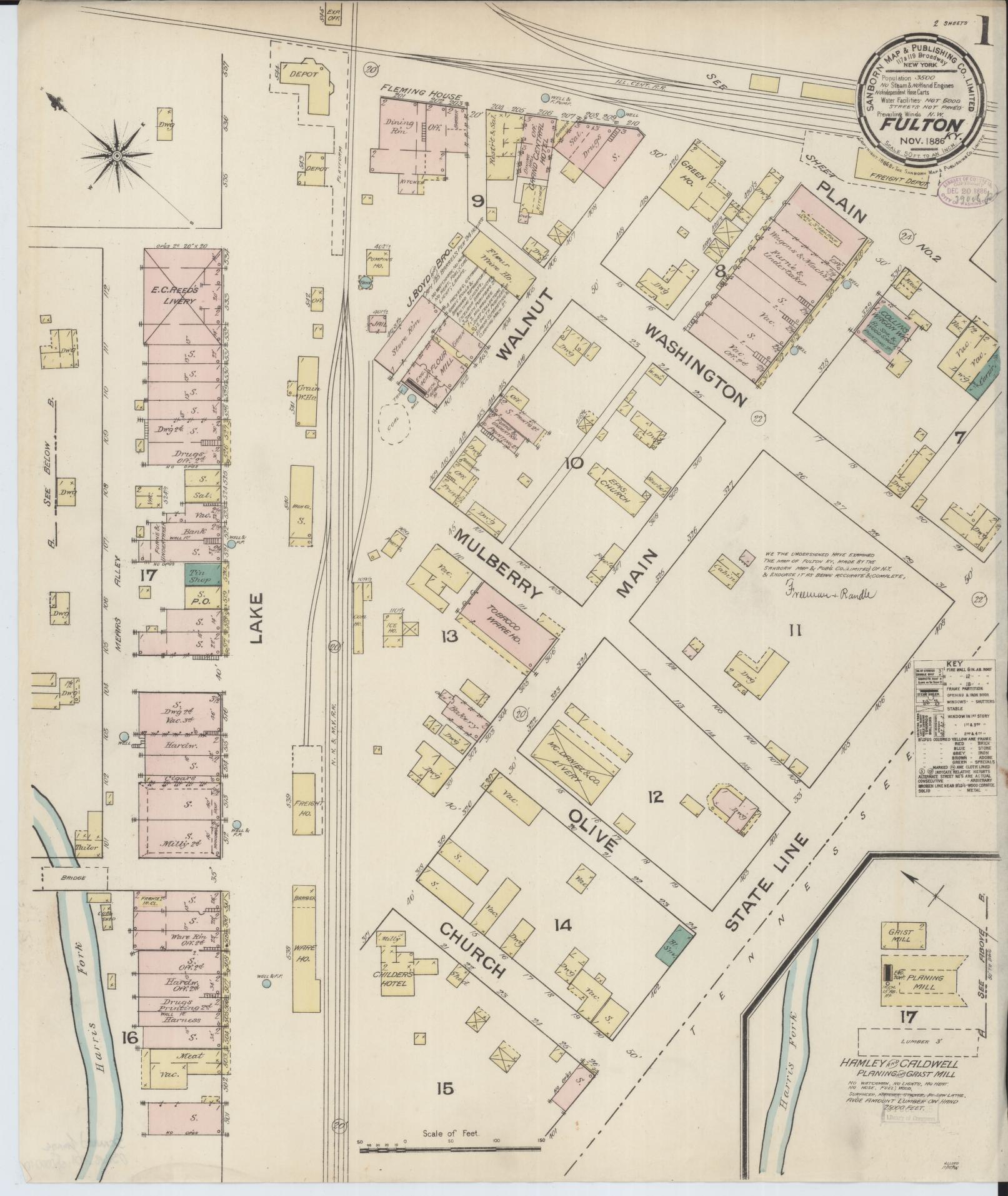 Sanborn Fire Insurance Map from Fulton, Fulton County, Kentucky (1886), Sheet #0001 - Historic Sanborn Fire Insurance Map Print, vintage old map wall art, antique decor, genealogy gift, Kentucky Kentucky map
