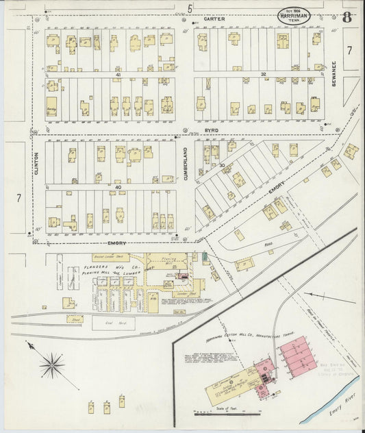 Sanborn Fire Insurance Map from Harriman, Roane County, Tennessee (1906), Sheet #0008 - Historic Sanborn Fire Insurance Map Print, vintage old map wall art, antique decor, genealogy gift, Tennessee Tennessee map