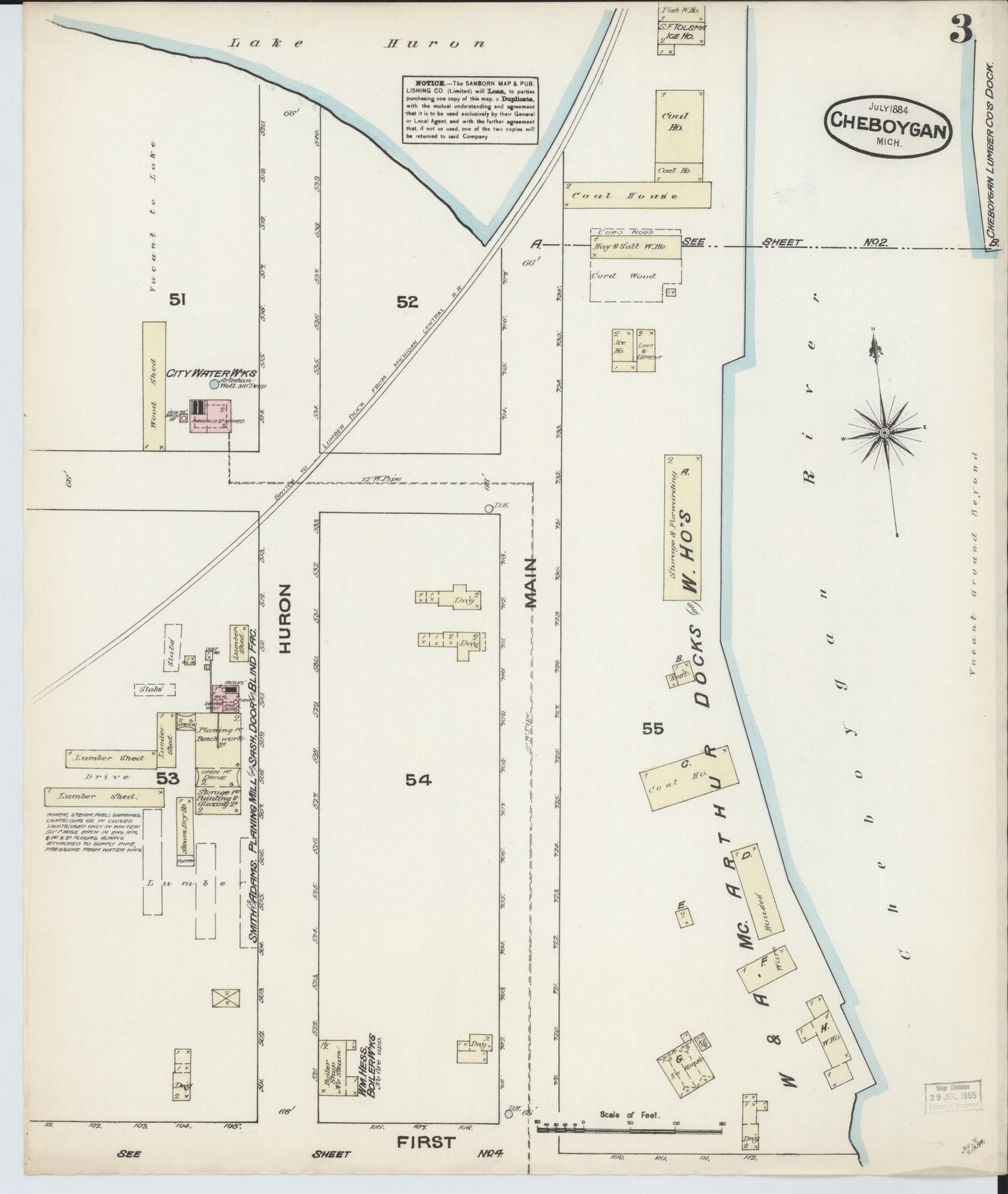 Sanborn Fire Insurance Map from Cheboygan, Cheboygan County, Michigan (1884), Sheet #0003 - Complete Map Set gallery image, historic Sanborn map, vintage wall art, Michigan Michigan