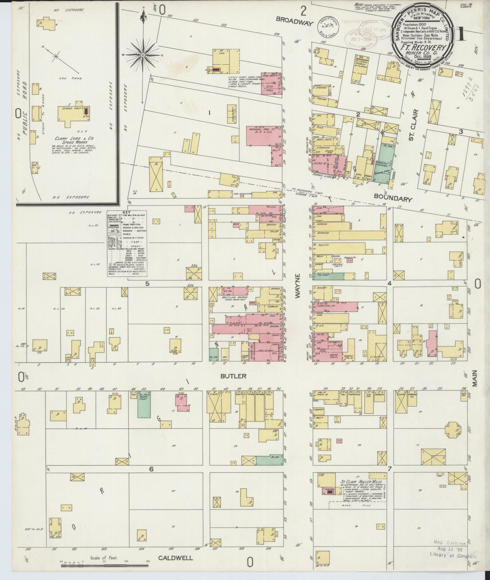 Sanborn Fire Insurance Map from Fort Recovery, Mercer County, Ohio (1898), Sheet #0001 - Historic Sanborn Fire Insurance Map Print, vintage old map wall art, antique decor, genealogy gift, Ohio Ohio map