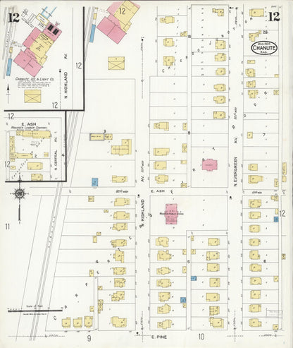 Sanborn Fire Insurance Map from Chanute, Neosho County, Kansas (1924), Sheet #0012 - Complete Map Set gallery image, historic Sanborn map, vintage wall art, Kansas Kansas