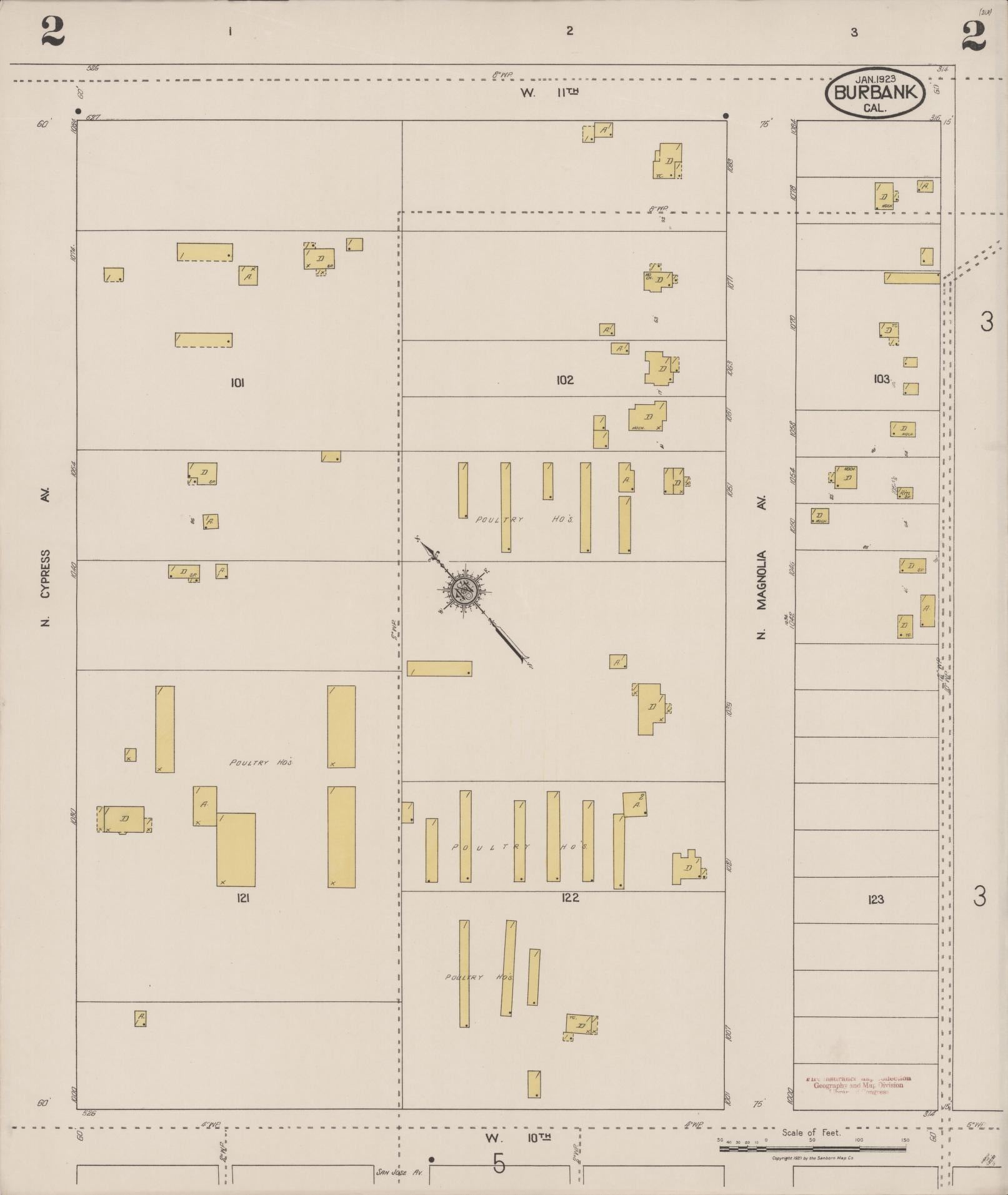 Sanborn Fire Insurance Map from Burbank, Los Angeles County, California (1923), Sheet #0002 - Complete Map Set gallery image, historic Sanborn map, vintage wall art, California California
