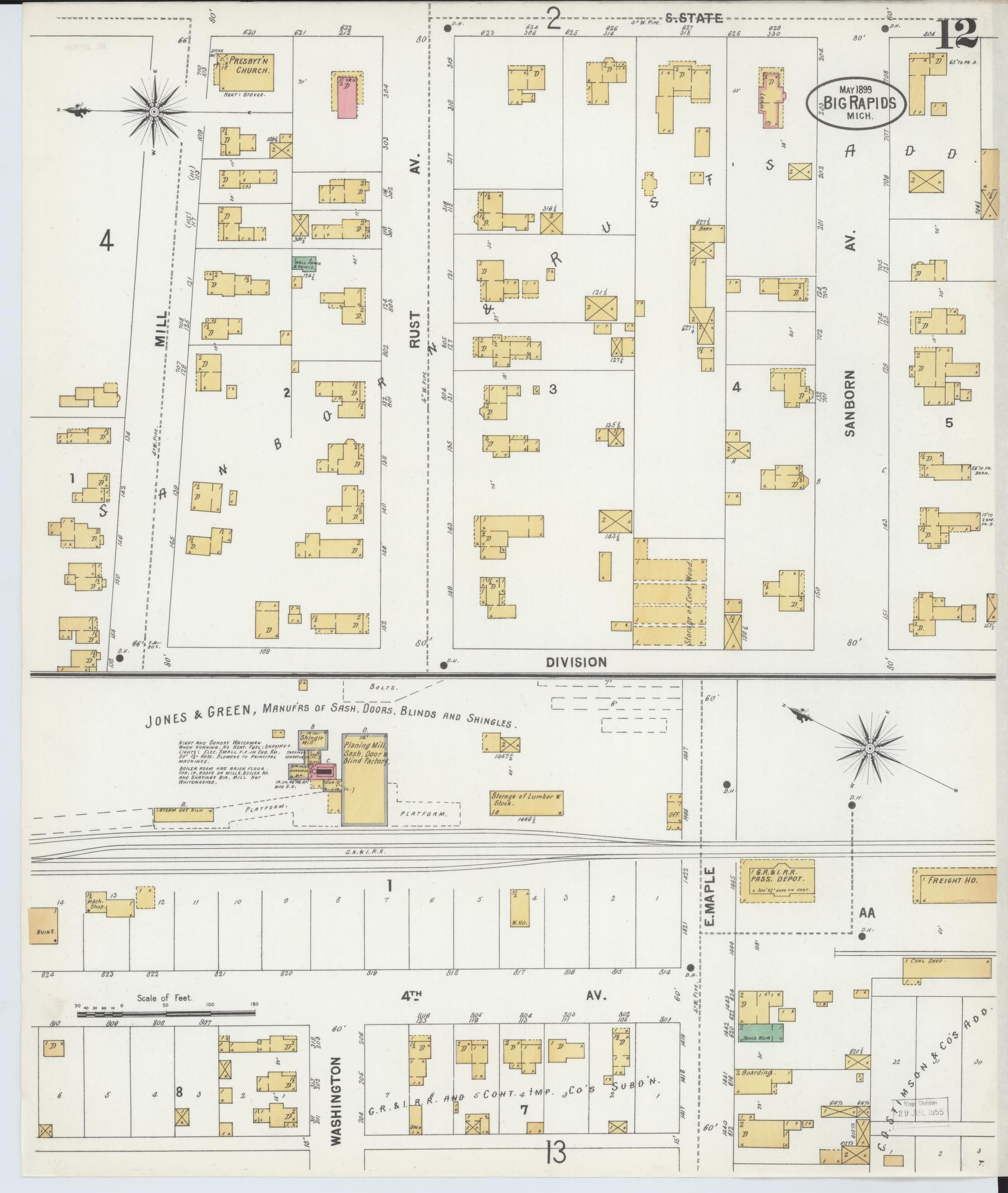 Sanborn Fire Insurance Map from Big Rapids, Mecosta County, Michigan (1899), Sheet #0012 - Historic Sanborn Fire Insurance Map Print, vintage old map wall art, antique decor, genealogy gift, Michigan Michigan map