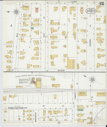 Sanborn Fire Insurance Map from Big Rapids, Mecosta County, Michigan (1899), Sheet #0012 - Historic Sanborn Fire Insurance Map Print, vintage old map wall art, antique decor, genealogy gift, Michigan Michigan map