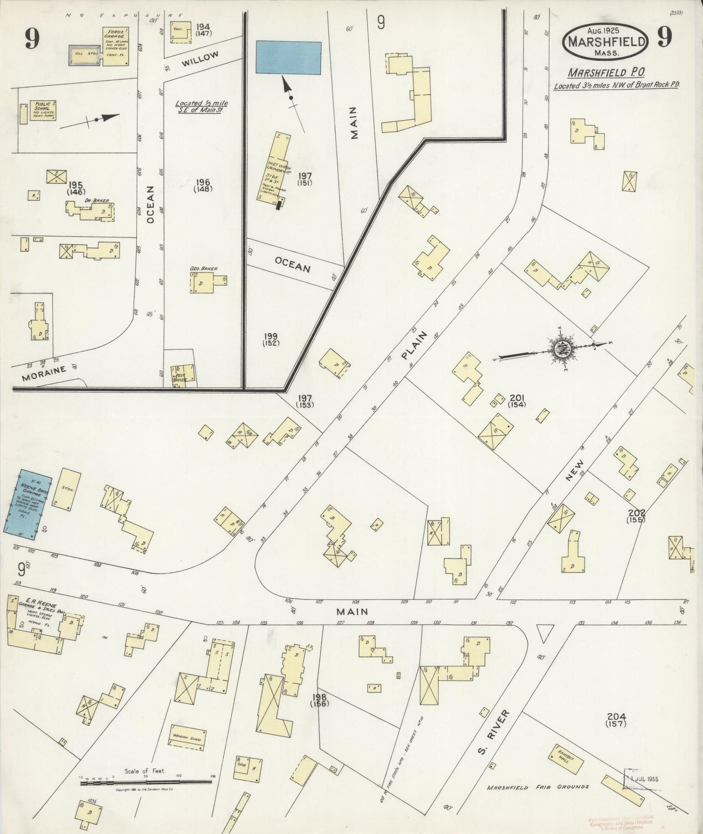 Sanborn Fire Insurance Map from Marshfield, Plymouth County, Massachusetts (1925), Sheet #0009 - Historic Sanborn Fire Insurance Map Print, vintage old map wall art, antique decor, genealogy gift, Massachusetts Massachusetts map