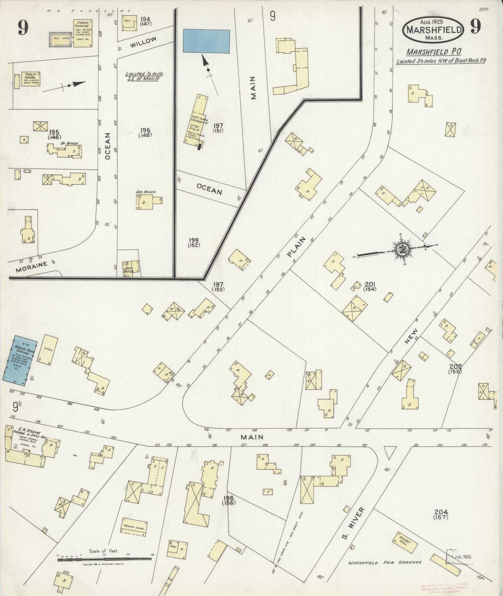Sanborn Fire Insurance Map from Marshfield, Plymouth County, Massachusetts (1925), Sheet #0009 - Historic Sanborn Fire Insurance Map Print, vintage old map wall art, antique decor, genealogy gift, Massachusetts Massachusetts map