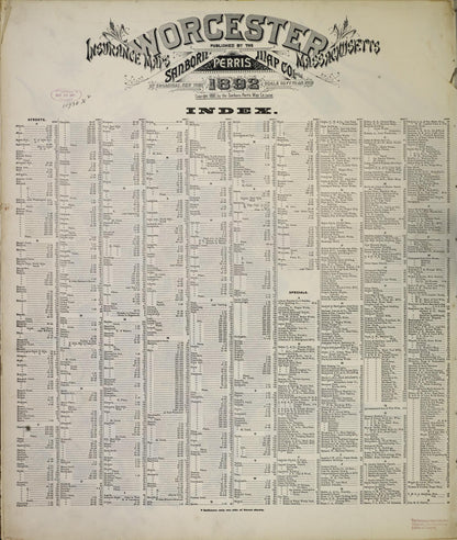 Sanborn Fire Insurance Map from Worcester, Worcester County, Massachusetts (1892), Sheet #0001 - Historic Sanborn Fire Insurance Map Print, vintage old map wall art, antique decor, genealogy gift, Massachusetts Massachusetts map