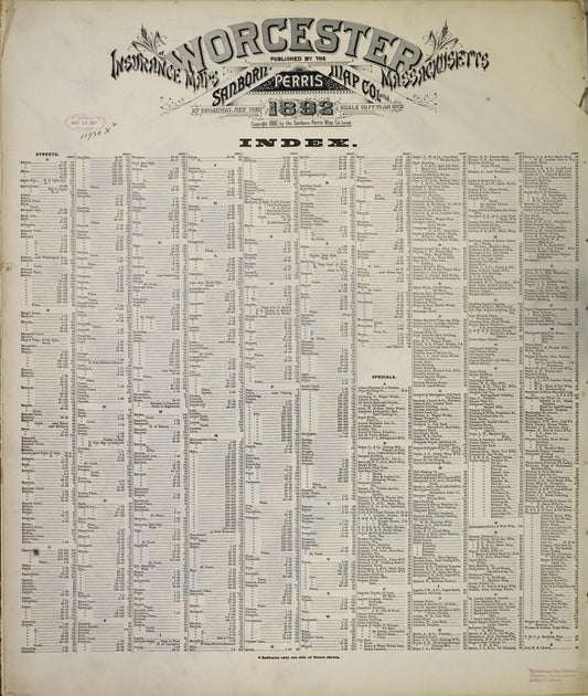 Sanborn Fire Insurance Map from Worcester, Worcester County, Massachusetts (1892), Sheet #0001 - Historic Sanborn Fire Insurance Map Print, vintage old map wall art, antique decor, genealogy gift, Massachusetts Massachusetts map