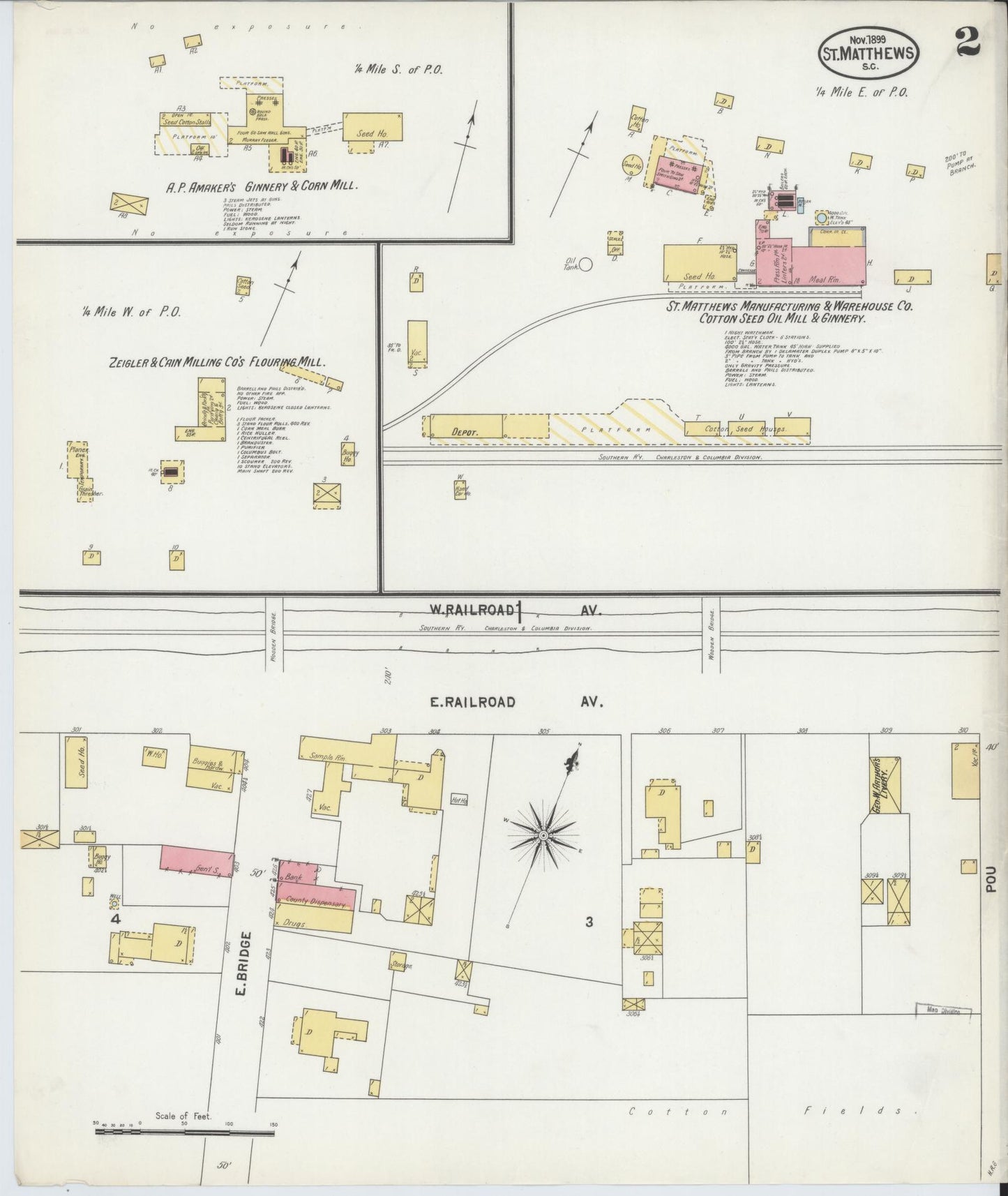 Sanborn Fire Insurance Map from Saint Matthews, Calhoun County, South Carolina (1899), Sheet #0002 - Historic Sanborn Fire Insurance Map Print, vintage old map wall art, antique decor, genealogy gift, South Carolina South Carolina map