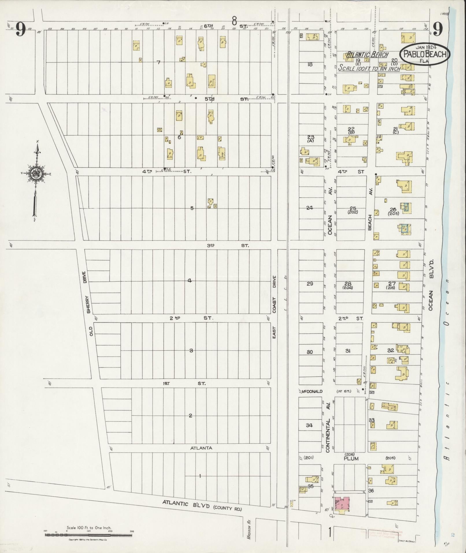 Sanborn Fire Insurance Map from Pablo Beach, Duval County, Florida (1924), Sheet #0009 - Historic Sanborn Fire Insurance Map Print, vintage old map wall art, antique decor, genealogy gift, Florida Florida map
