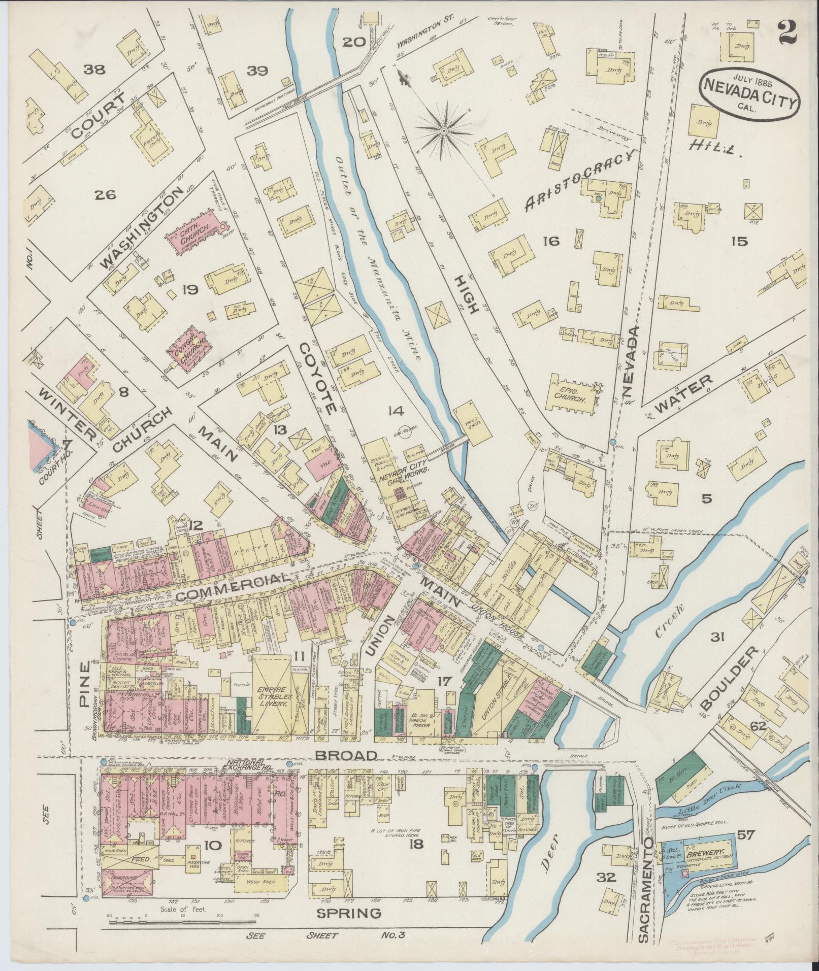 Sanborn Fire Insurance Map from Nevada City, Nevada County, California (1885), Sheet #0002 - Historic Sanborn Fire Insurance Map Print, vintage old map wall art, antique decor, genealogy gift, California California map