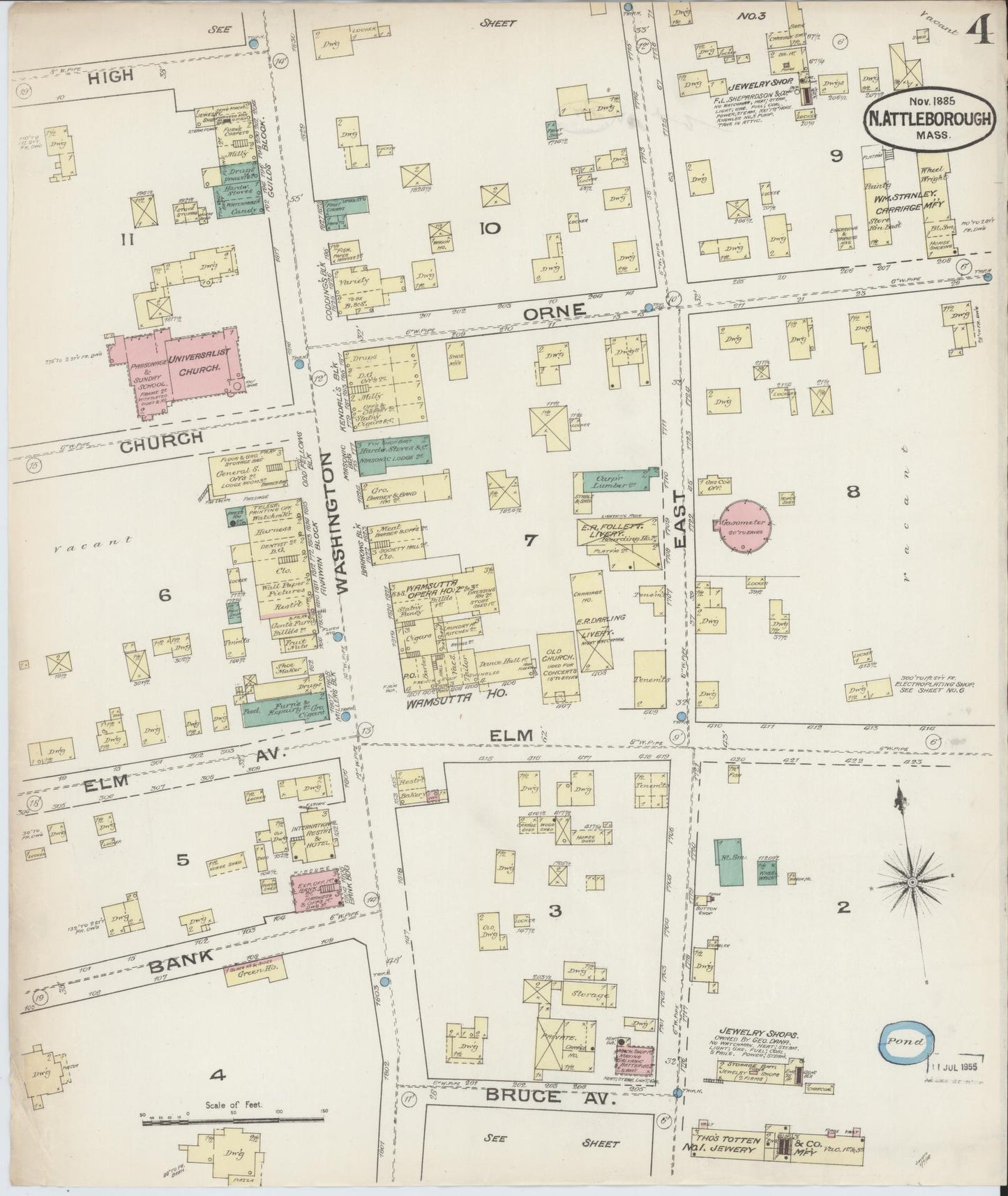 Sanborn Fire Insurance Map from North Attleborough, Bristol County, Massachusetts (1885), Sheet #0004 - Historic Sanborn Fire Insurance Map Print, vintage old map wall art, antique decor, genealogy gift, Massachusetts Massachusetts map