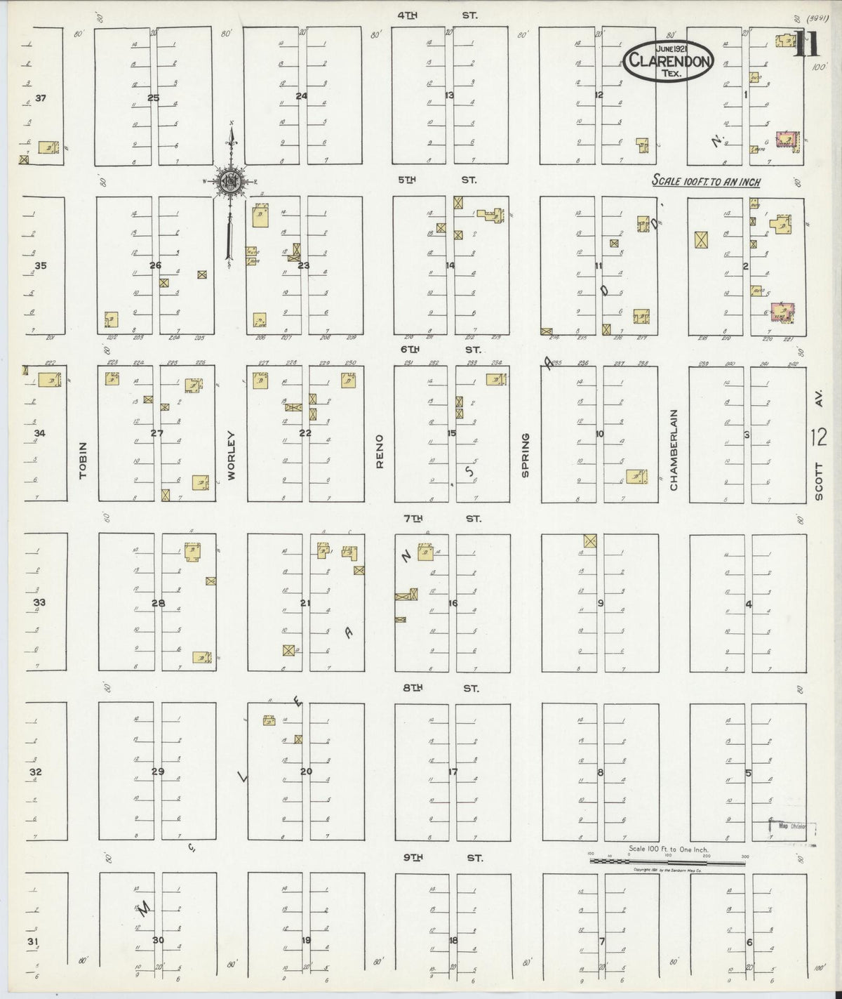 Sanborn Fire Insurance Map from Clarendon, Donley County, Texas (1921), Sheet #0011 - Historic Sanborn Fire Insurance Map Print, vintage old map wall art, antique decor, genealogy gift, Texas Texas map