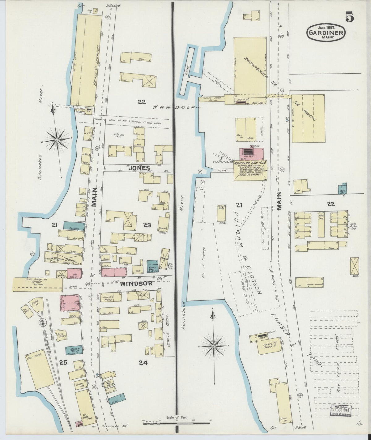 Sanborn Fire Insurance Map from Gardiner, Kennebec County, Maine (1892), Sheet #0005 - Historic Sanborn Fire Insurance Map Print, vintage old map wall art, antique decor, genealogy gift, Maine Maine map