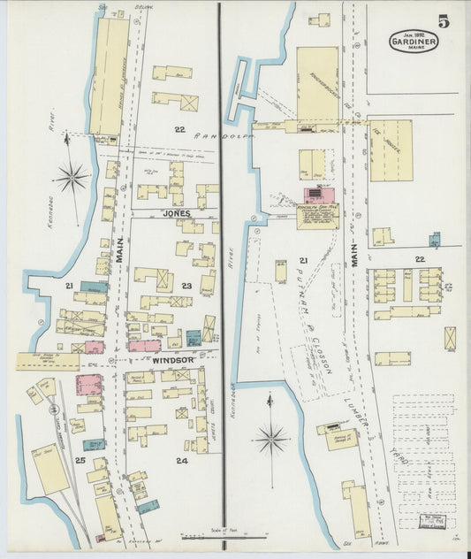Sanborn Fire Insurance Map from Gardiner, Kennebec County, Maine (1892), Sheet #0005 - Historic Sanborn Fire Insurance Map Print, vintage old map wall art, antique decor, genealogy gift, Maine Maine map