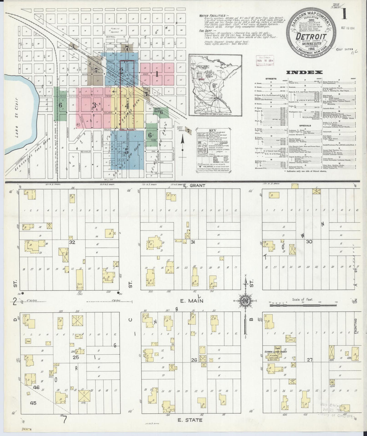 Sanborn Fire Insurance Map from Detroit Lakes, Becker County, Minnesota (1914), Sheet #0001 - Complete Map Set gallery image, historic Sanborn map, vintage wall art, Minnesota Minnesota
