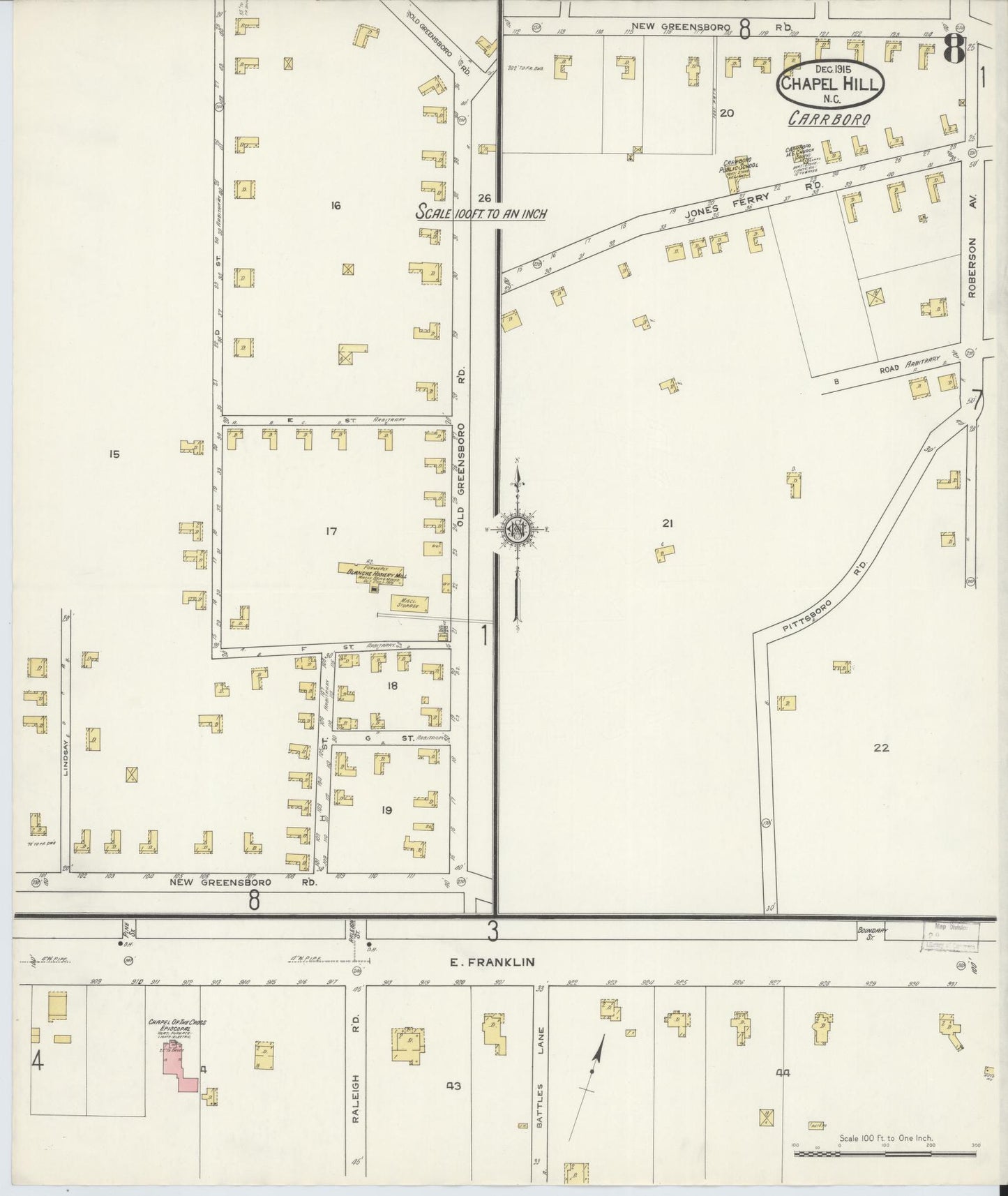 Sanborn Fire Insurance Map from Chapel Hill, Orange County, North Carolina (1915), Sheet #0008 - Complete Map Set gallery image, historic Sanborn map, vintage wall art, North Carolina North Carolina