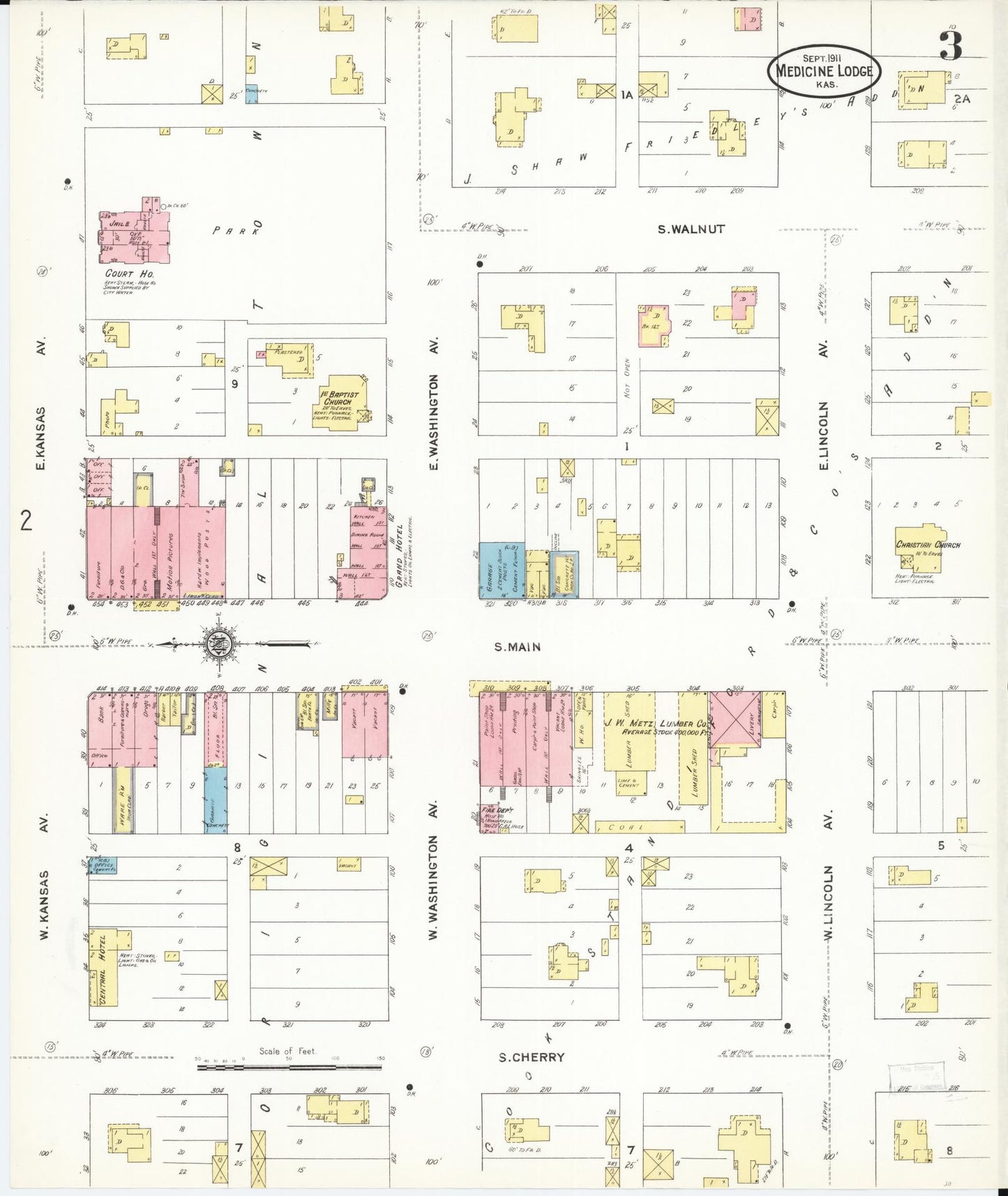 Sanborn Fire Insurance Map from Medicine Lodge, Barber County, Kansas (1911), Sheet #0003 - Complete Map Set gallery image, historic Sanborn map, vintage wall art, Kansas Kansas