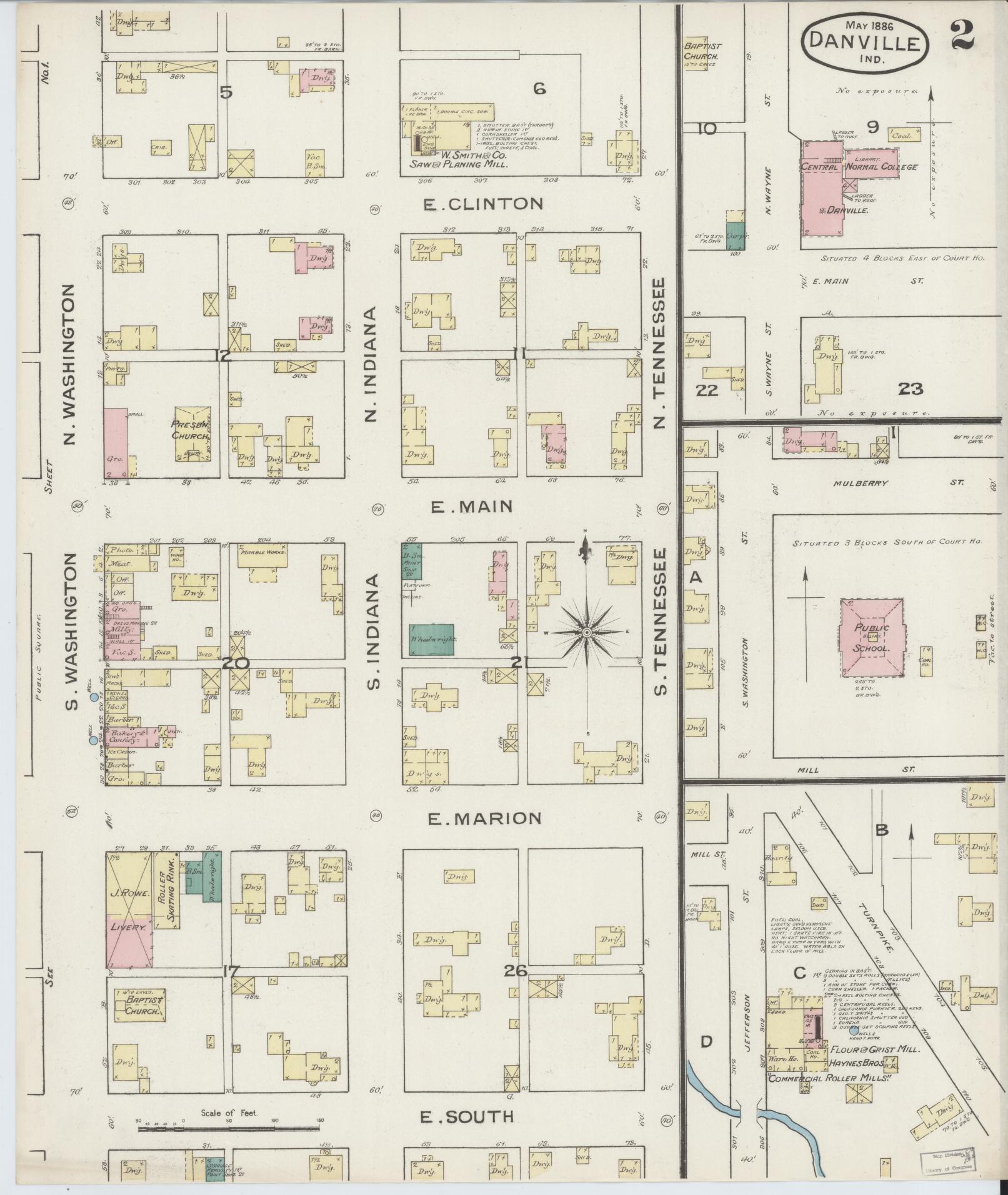 Sanborn Fire Insurance Map from Danville, Hendricks County, Indiana (1886), Sheet #0002 - Historic Sanborn Fire Insurance Map Print, vintage old map wall art, antique decor, genealogy gift, Indiana Indiana map