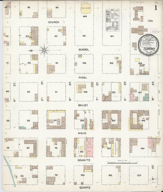 Sanborn Fire Insurance Map from Florence, Pinal County, Arizona (1890), Sheet #0001 - Historic Sanborn Fire Insurance Map Print, vintage old map wall art, antique decor, genealogy gift, Arizona Arizona map