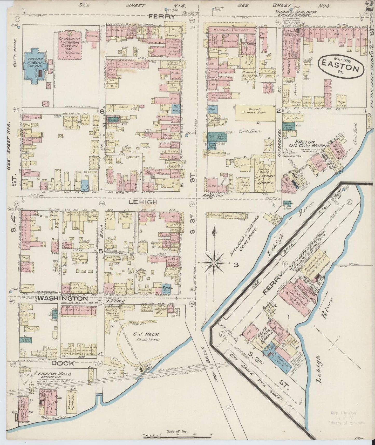 Sanborn Fire Insurance Map from Easton, Northampton County, Pennsylvania (1885), Sheet #0002 - Historic Sanborn Fire Insurance Map Print, vintage old map wall art, antique decor, genealogy gift, Pennsylvania Pennsylvania map