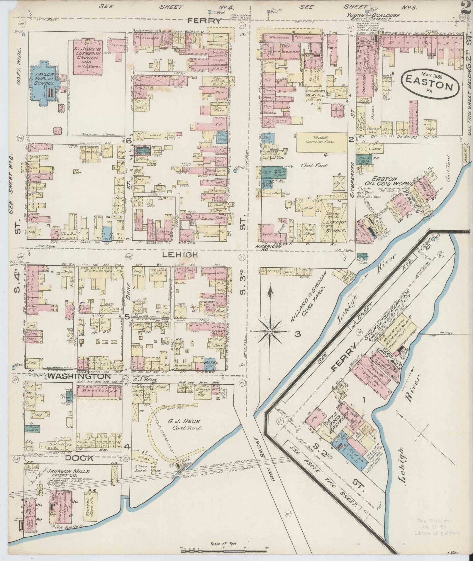 Sanborn Fire Insurance Map from Easton, Northampton County, Pennsylvania (1885), Sheet #0002 - Historic Sanborn Fire Insurance Map Print, vintage old map wall art, antique decor, genealogy gift, Pennsylvania Pennsylvania map
