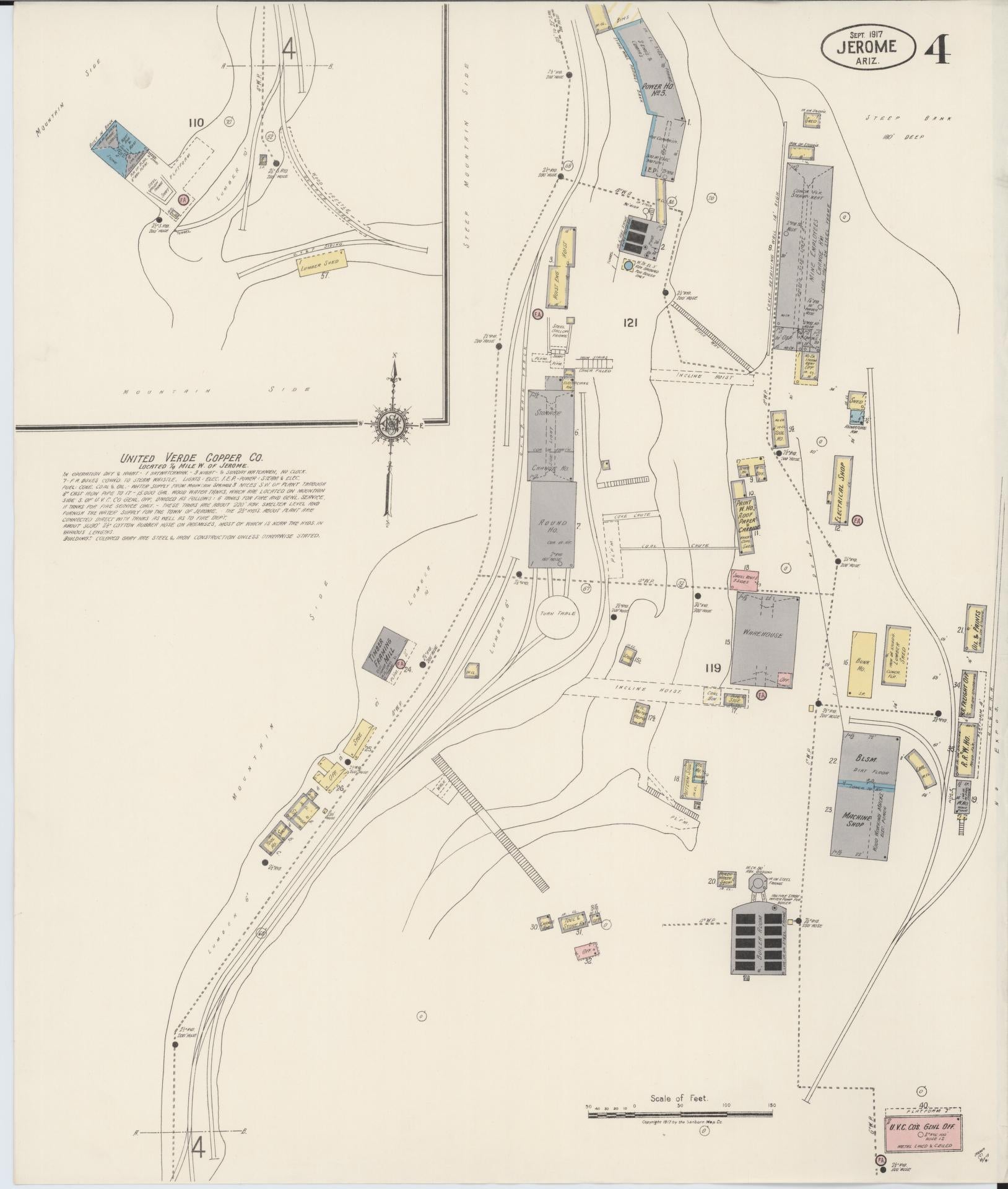 Sanborn Fire Insurance Map from Jerome, Yavapai County, Arizona (1917), Sheet #0004 - Complete Map Set gallery image, historic Sanborn map, vintage wall art, Arizona Arizona